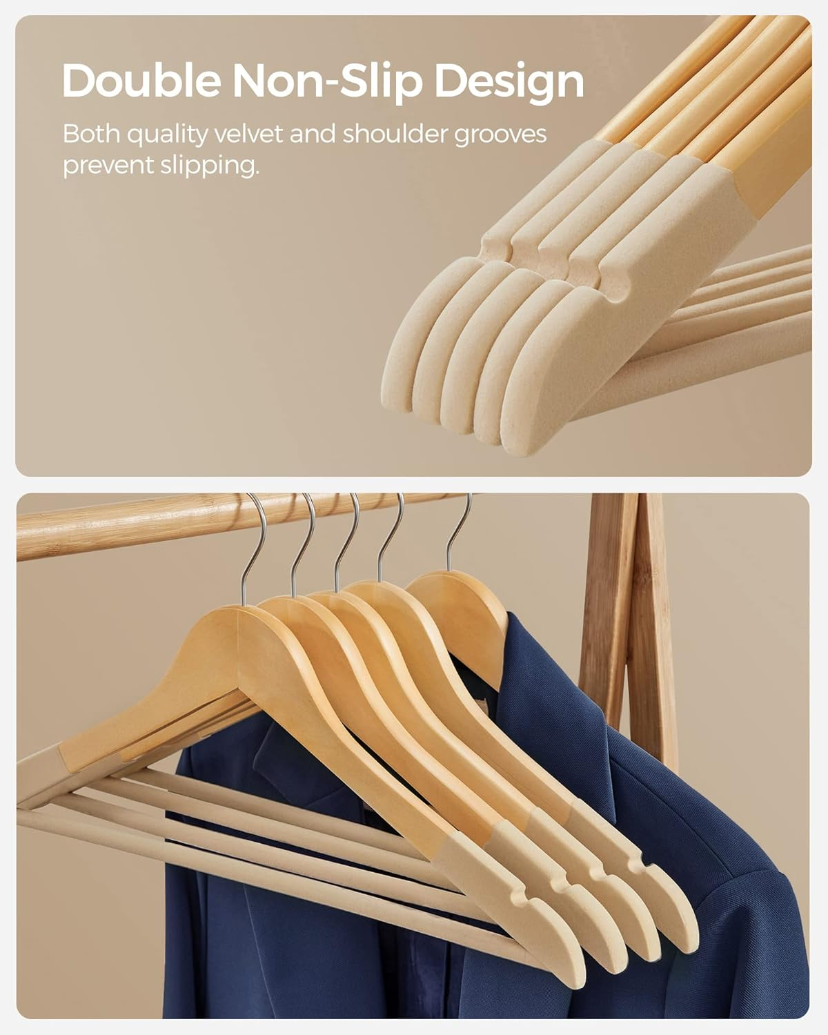 Natural Wooden Hangers with Velvet Surface and Swivel Hook, Set of 20