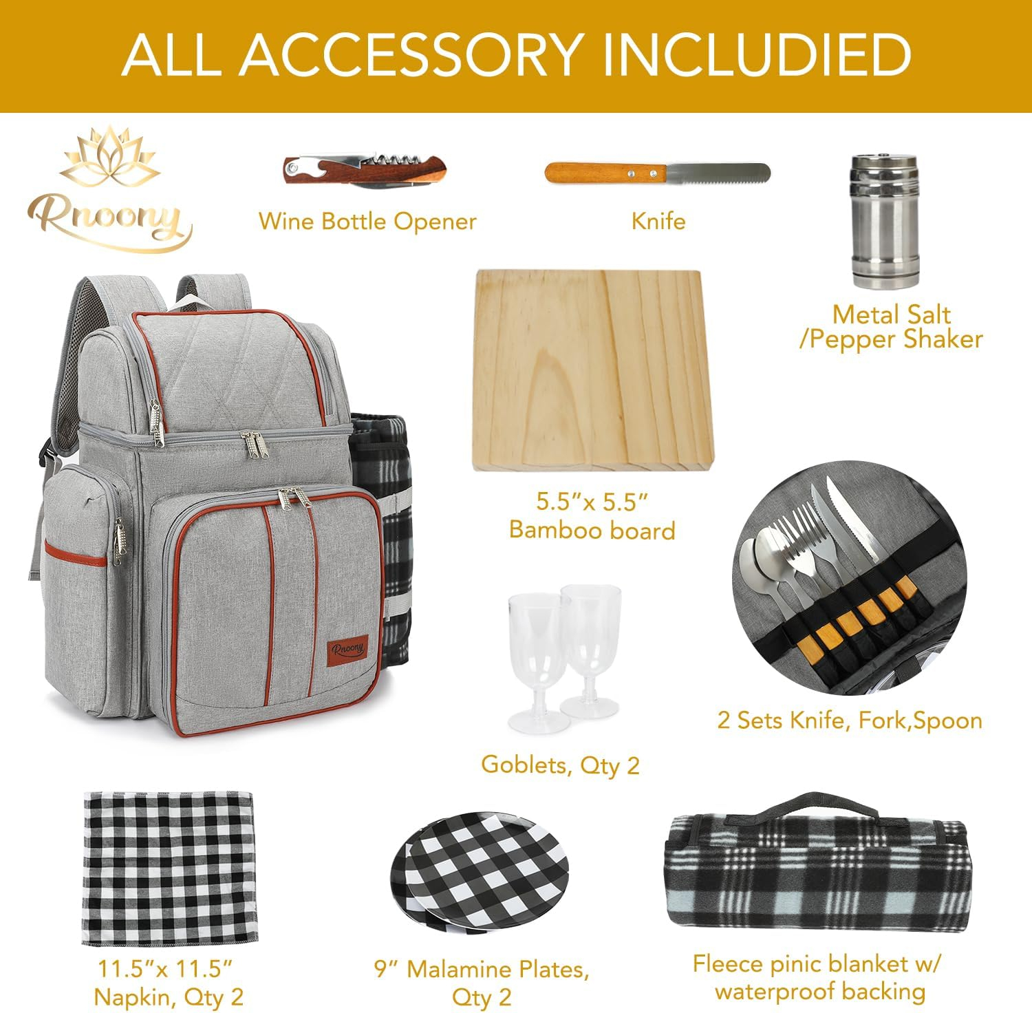 Gray Insulated Picnic Backpack with Blanket and Cutlery Set