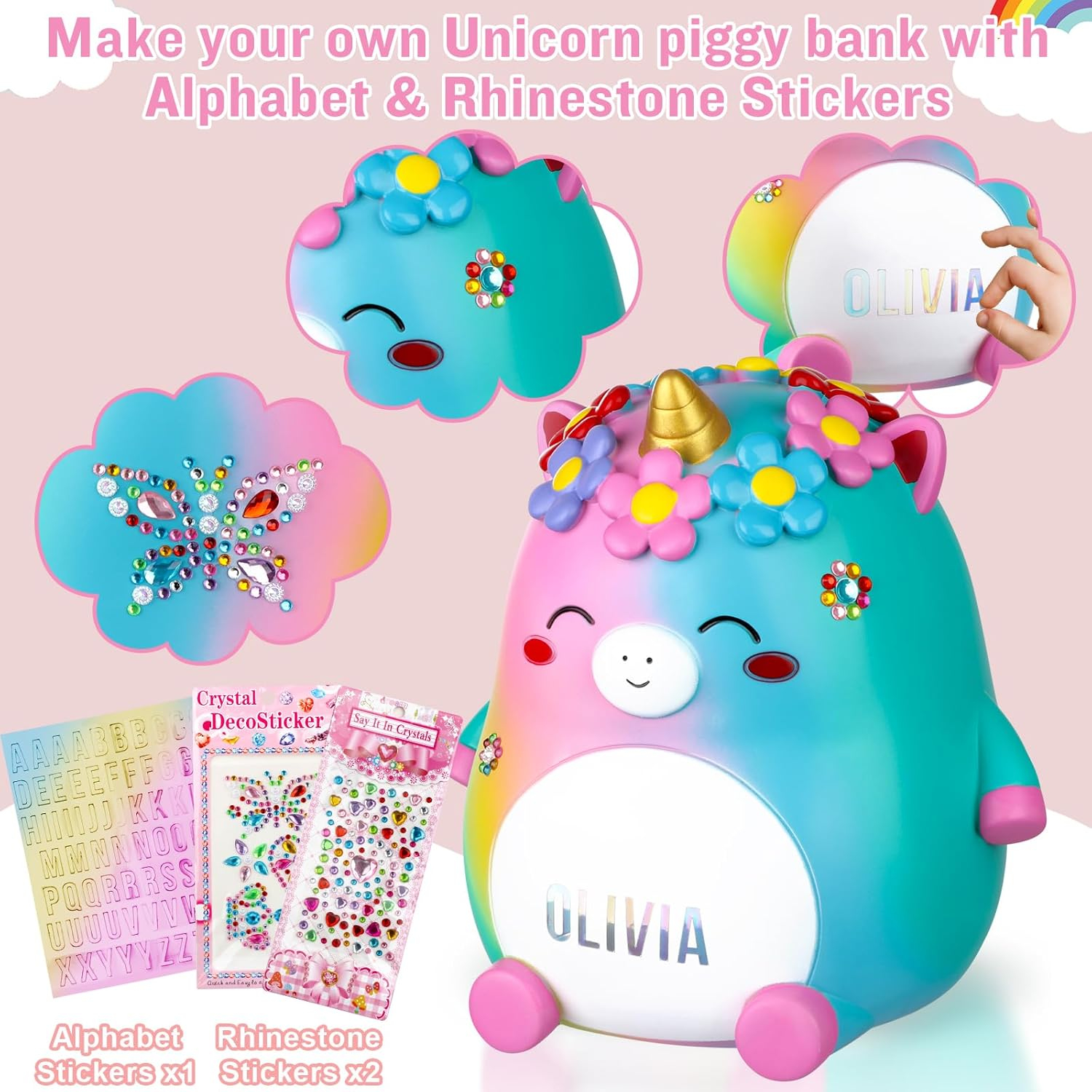 Unicorn Piggy Bank Girls – Cute Rainbow Kids Piggy Bank for Girls, Personalized Unbreakable Resin Coin Money Bank for Kids with Stickers for Toddlers