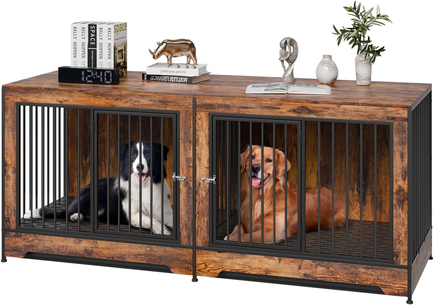 VEVOR 72"Dog Crate Furniture for 2 Dogs,Double Dog Crate Furniture with Double Sliding Doors,Large Dog Crate TV Stand with Removable Tray,Steel Frame Double Dog Crate for Small,Medium,Large Dogs White