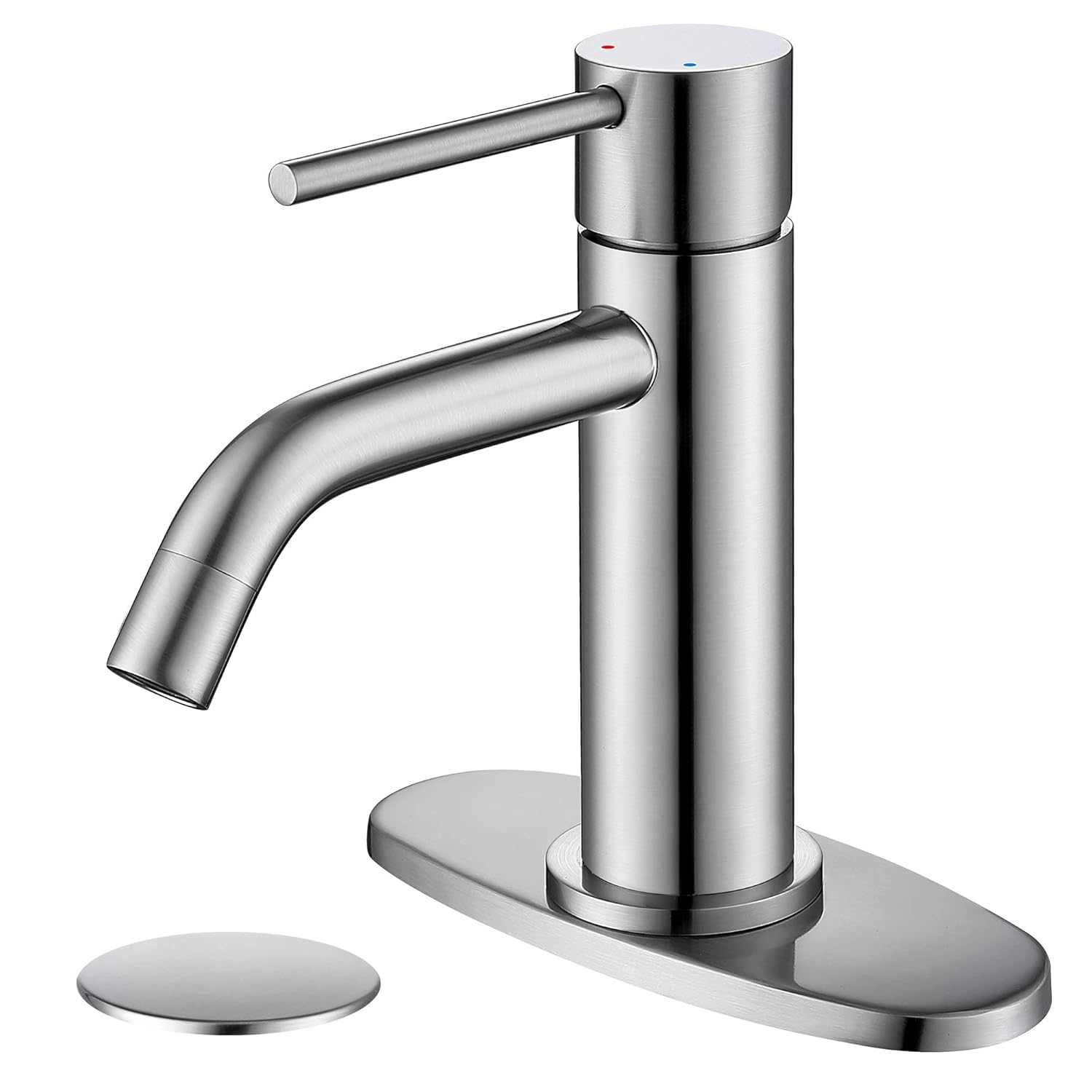 Brushed Nickel Single Hole Bathroom Faucets Single Handle, JXMMP Brushed Bathroom Vanity Sink Faucet with Pop Up Drain Assembly and 6 inch Deck Plate