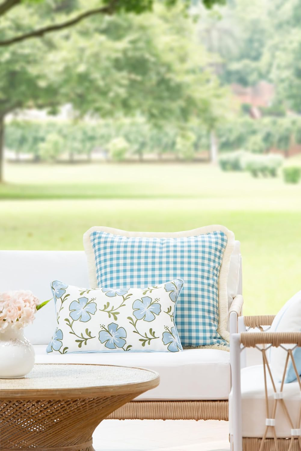 Hofdeco Premium Coastal Patio Indoor Outdoor Lumbar Pillow Cover Only, 12"x20" Water Repellent for Backyard, Couch, Baby Blue Green Embroidered Hibiscus Floral with Piping