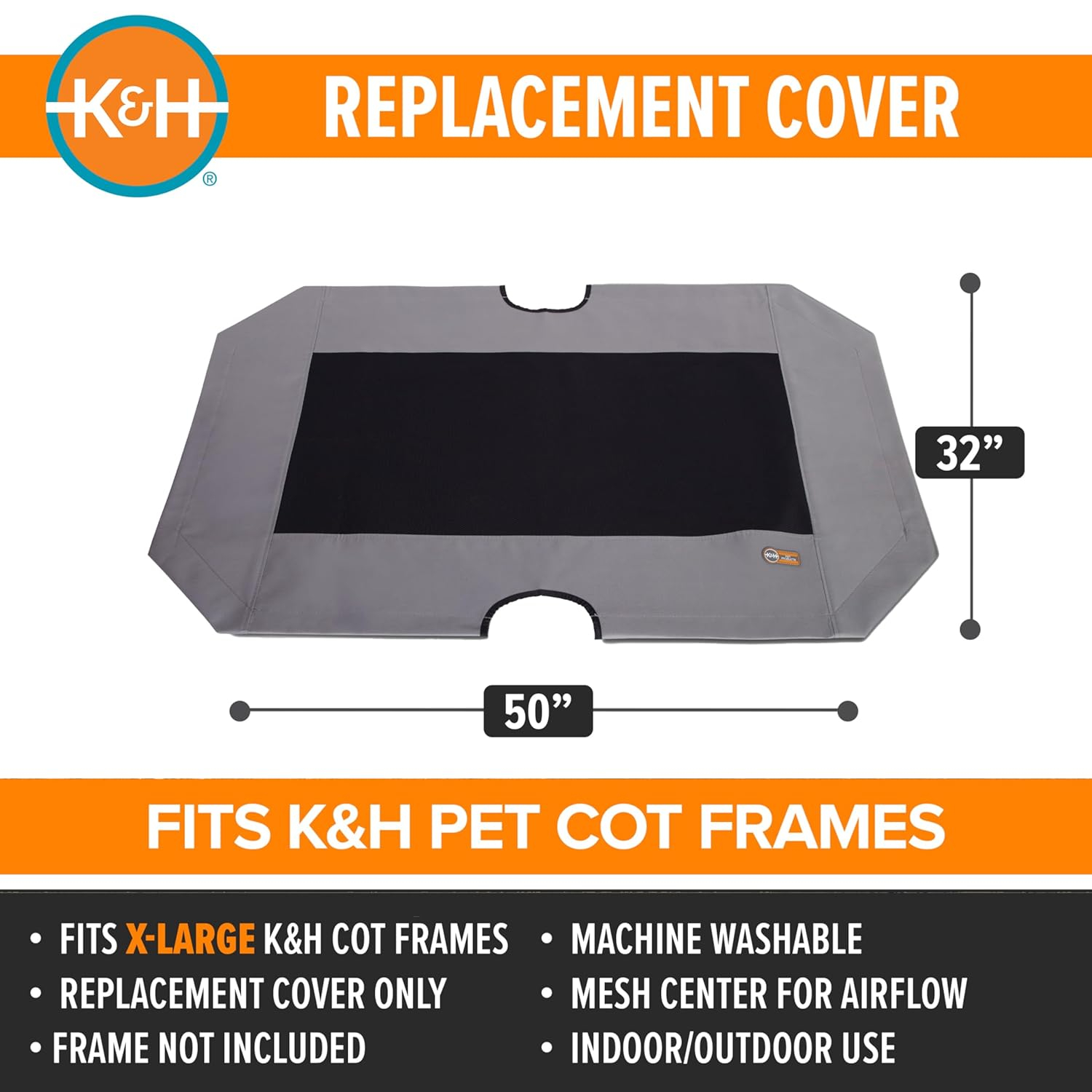 K&H Pet Products Original Pet Cot Replacement Cover (Cot Sold Separately) Gray/Black Mesh X-Large 50 X 32 Inches