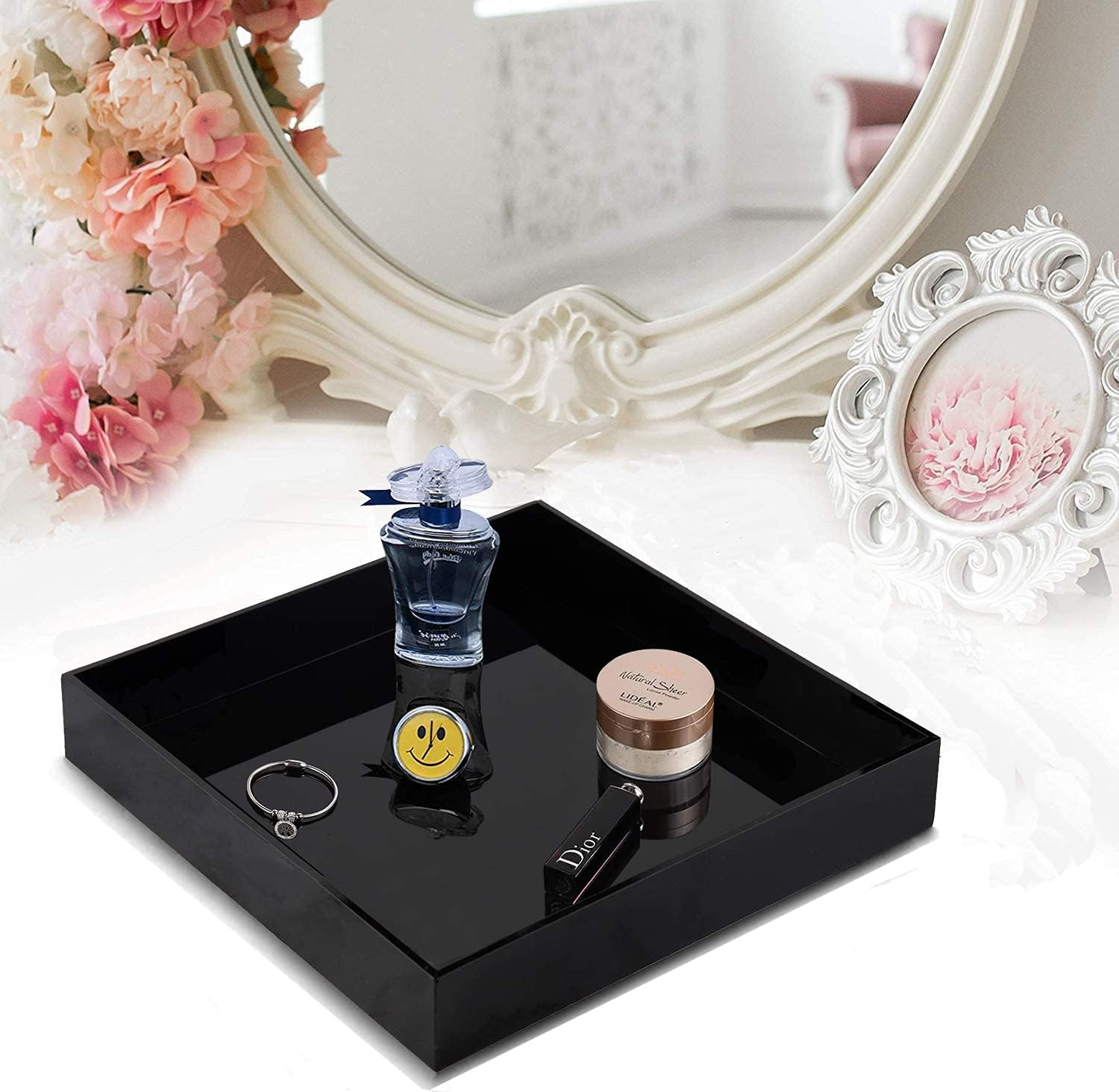 Waterproof Acrylic Vanity Tray, Remote Control Sturdy Valet Tray Organizer, Lucite Nightstand Dresser or Bathroom Organizer for Change, Coin, Key, Phone, Glasses, (Black-10x10inch )