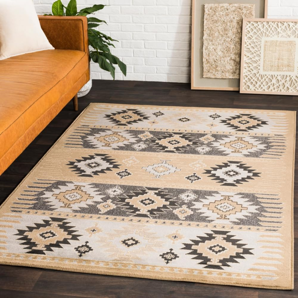 Gray and Beige Rectangular Oriental Synthetic Area Rug