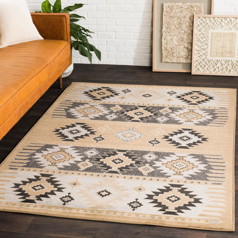 Gray and Beige Rectangular Oriental Synthetic Area Rug