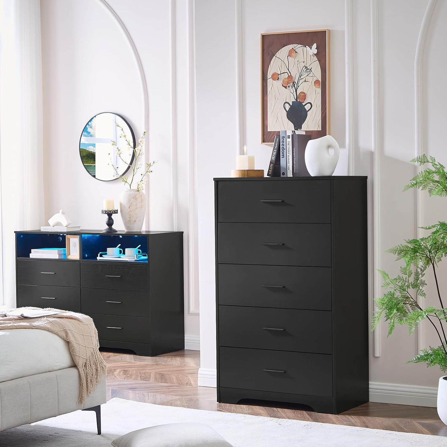 LIDYUK Black Dresser for Bedroom, 5 Drawer Dressers & Chests of Drawers, Modern Wood Dresser, 47 Inches Tall Chest of Drawers for Bedroom, Hallway, Living Room
