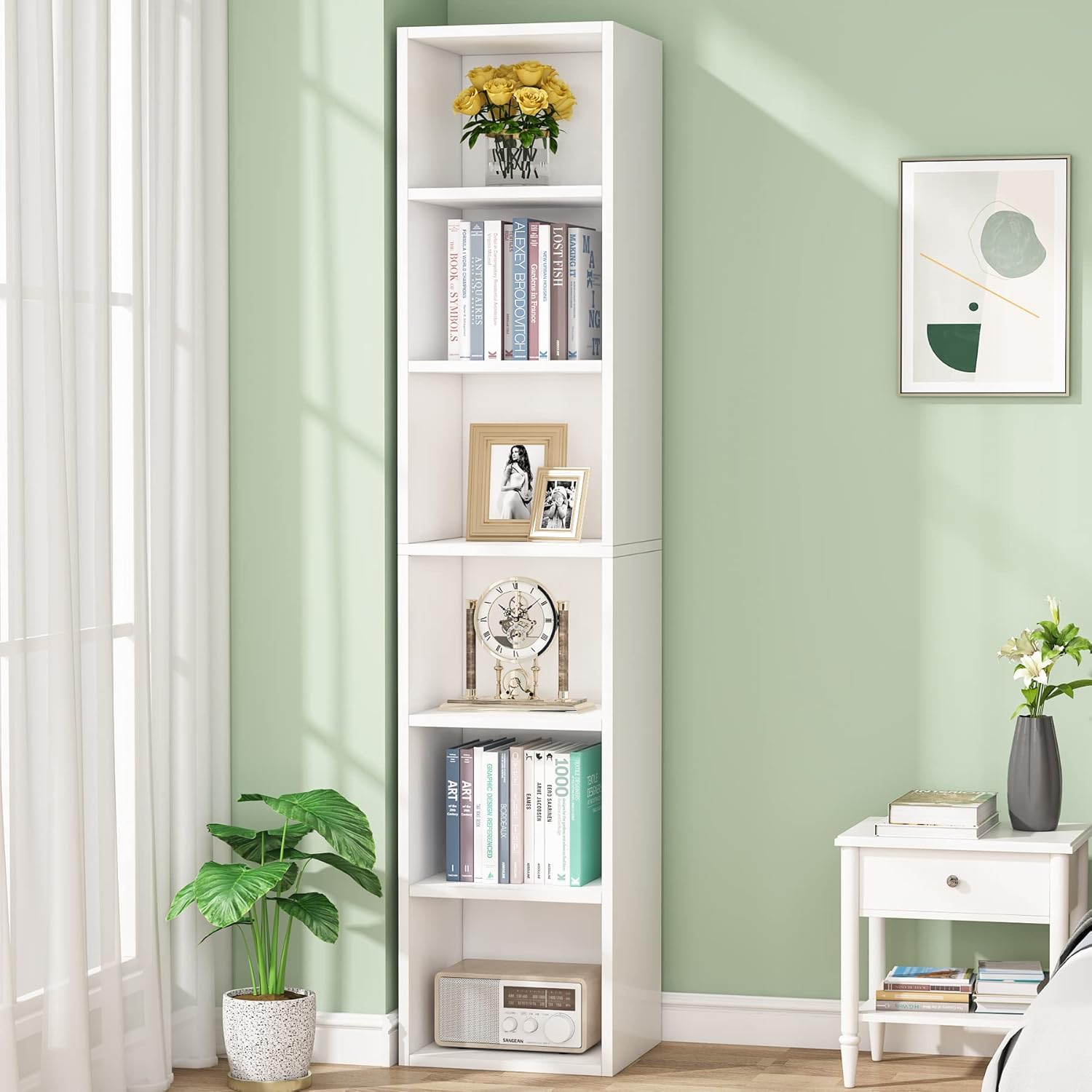 Modern White Tall Corner Bookcase with 6 Cube Shelves