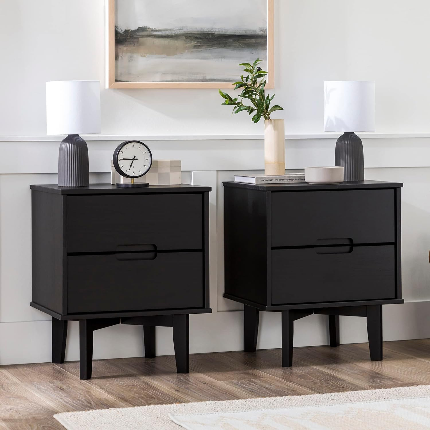 Black Solid Wood 2-Drawer Nightstands Set of 2