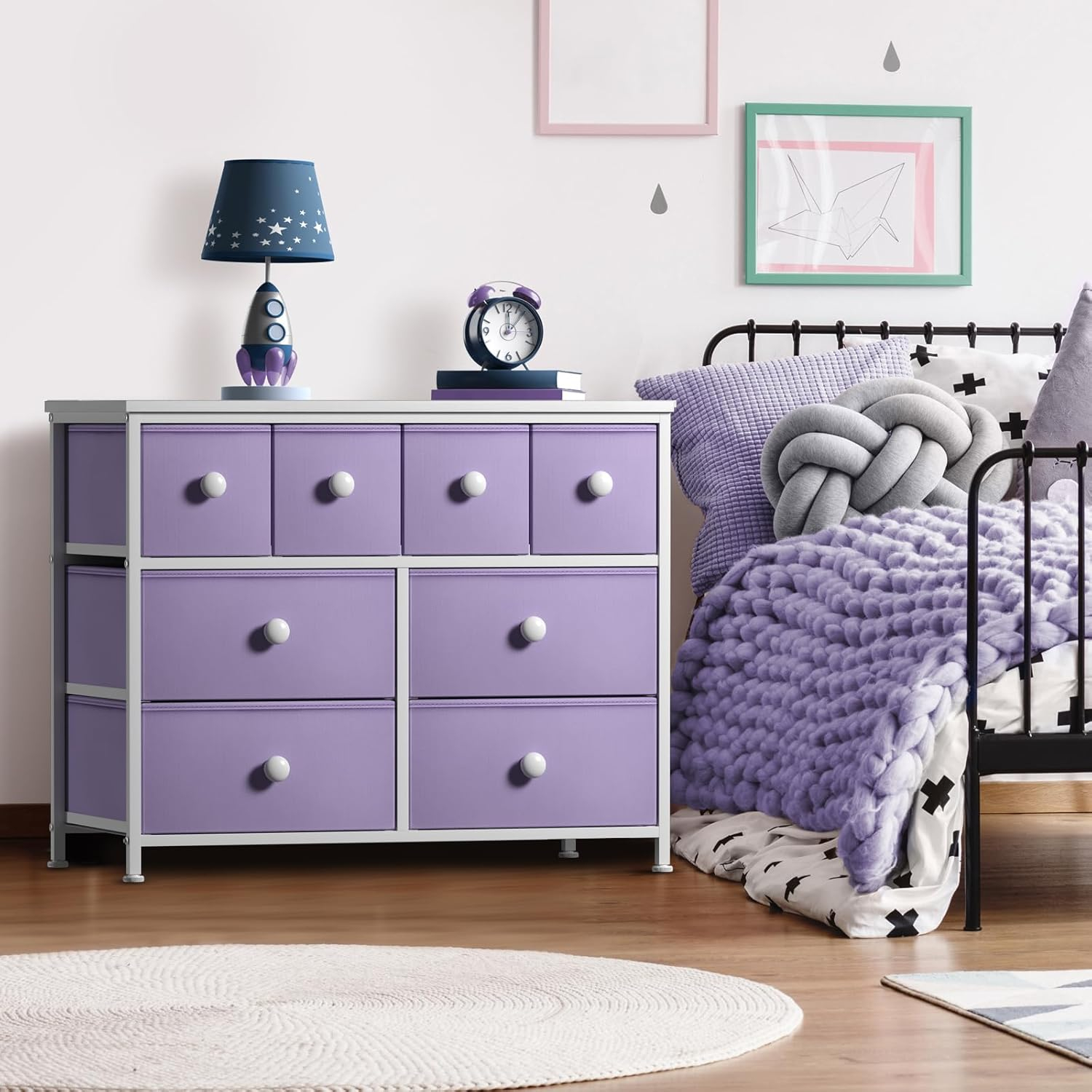 Drawer Purple Dresser Steel Frame Wood Top Easy Pull Fabric Bins 11.81 in. L x 39.37 in. W x 30.7 in. H 8