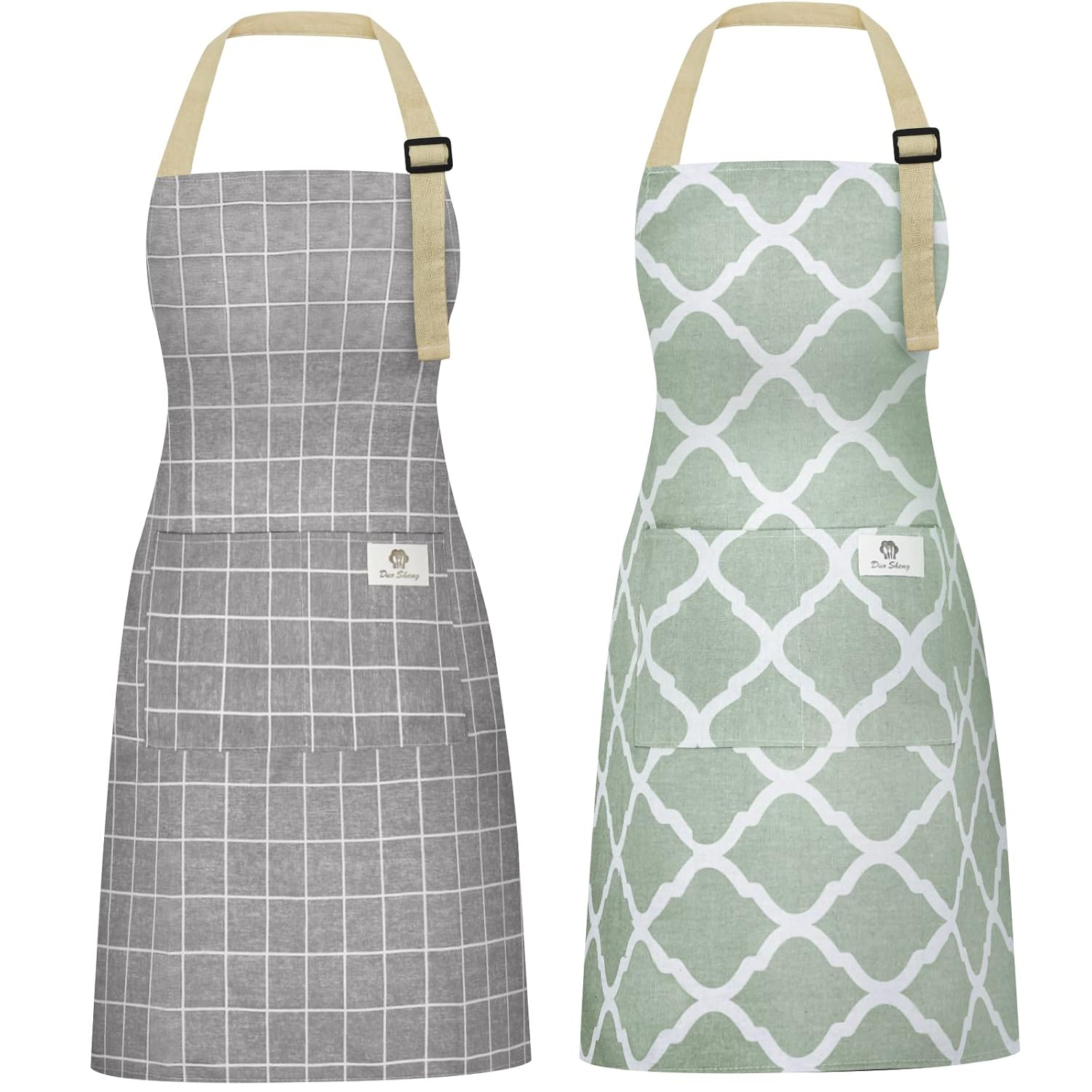2 Pieces Aprons for Women with Pockets, Cotton Linen Waterproof Kitchen Cooking Aprons, Chef Apronfor Men Women with Adjustable Neck Strap and Long Ties(Grey/Green)