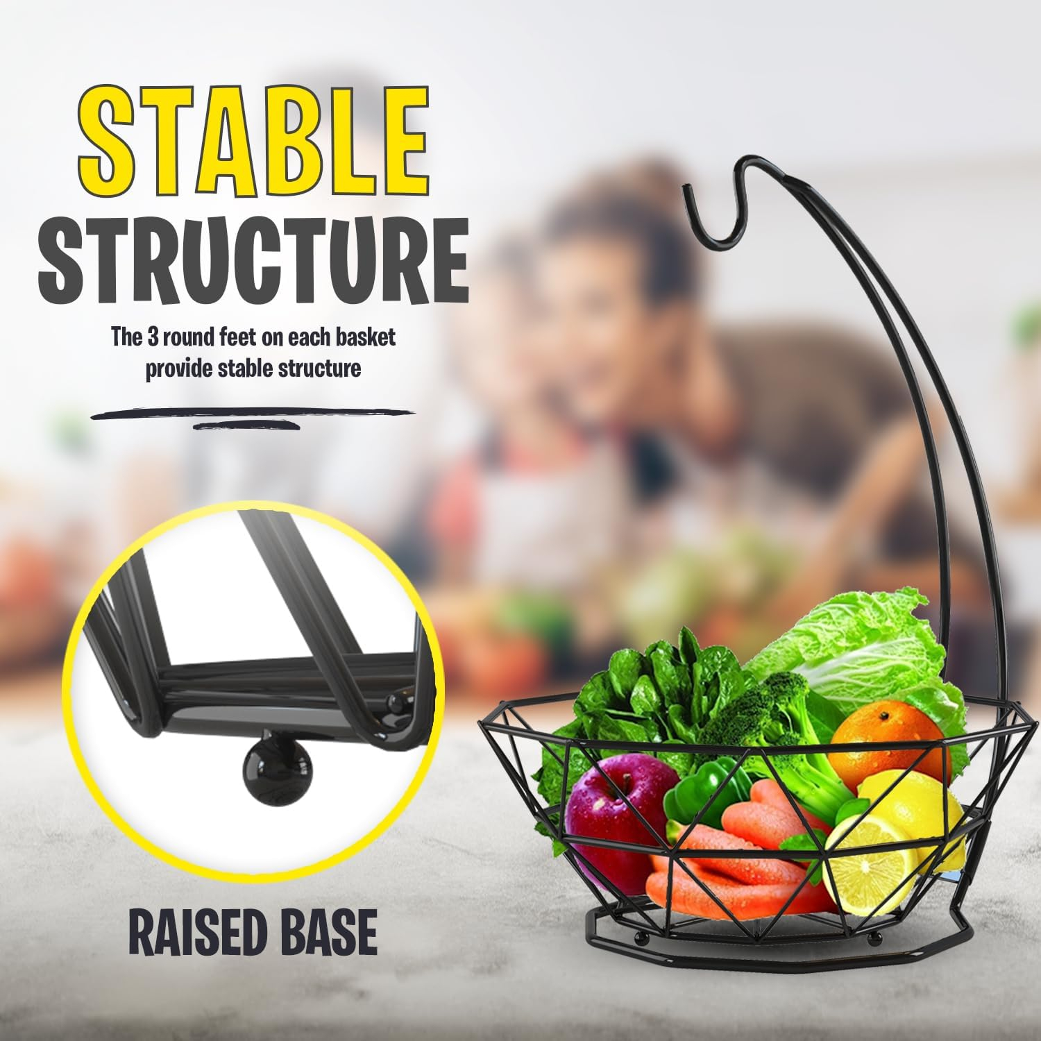 Fruit Basket with Banana Hanger, Fruit Bowl with Banana Holder, Fruit Bowl for Kitchen Counter used as Bread Basket, Vegetable Basket, Fruit Stand or Egg Holder with Banana Tree