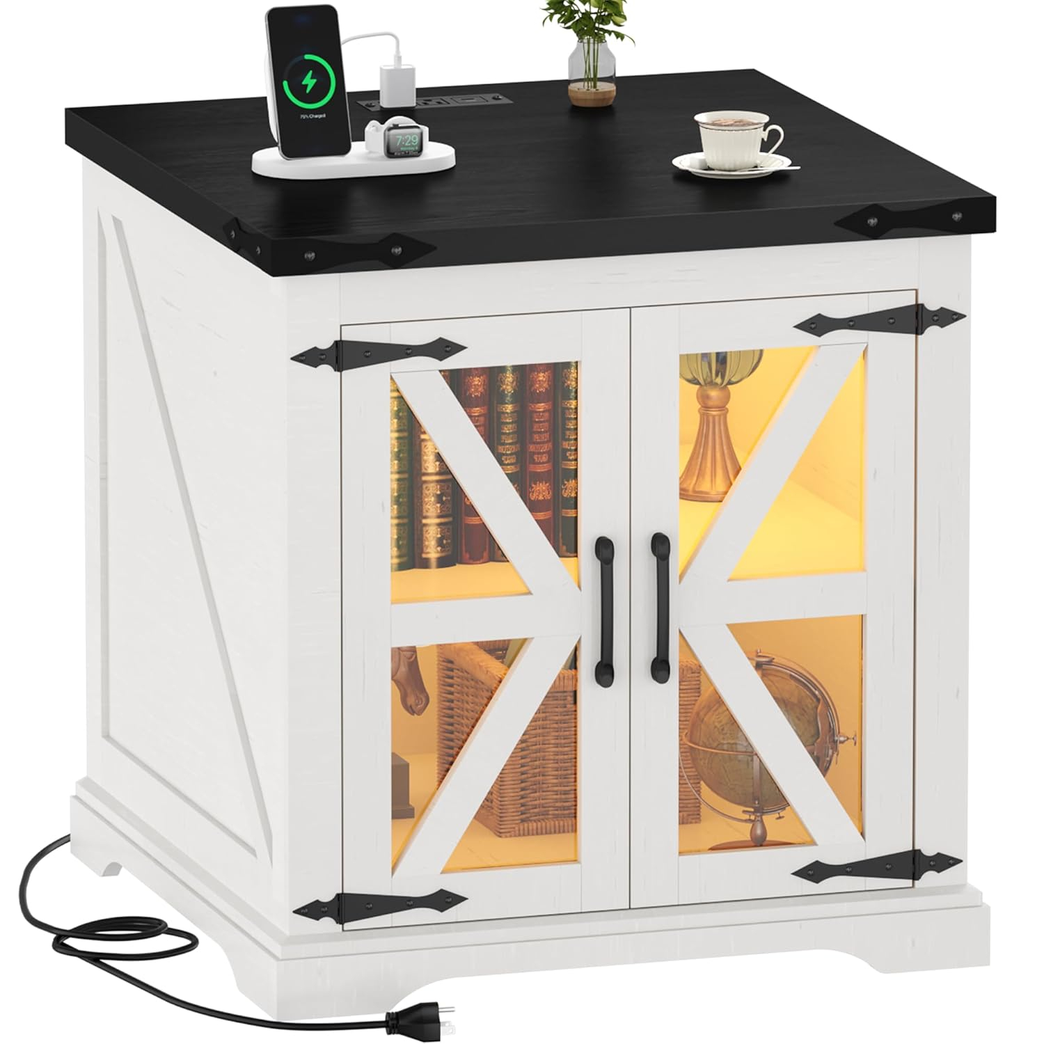 JXQTLINGMU Farmhouse End Table, 24" Large Sofa Side Table with Charging Station, Mesh Barn Door, and Adjustable Storage Shelf, Rustic Wood Square Nightstand for Living Room, Bedroom, Office, White