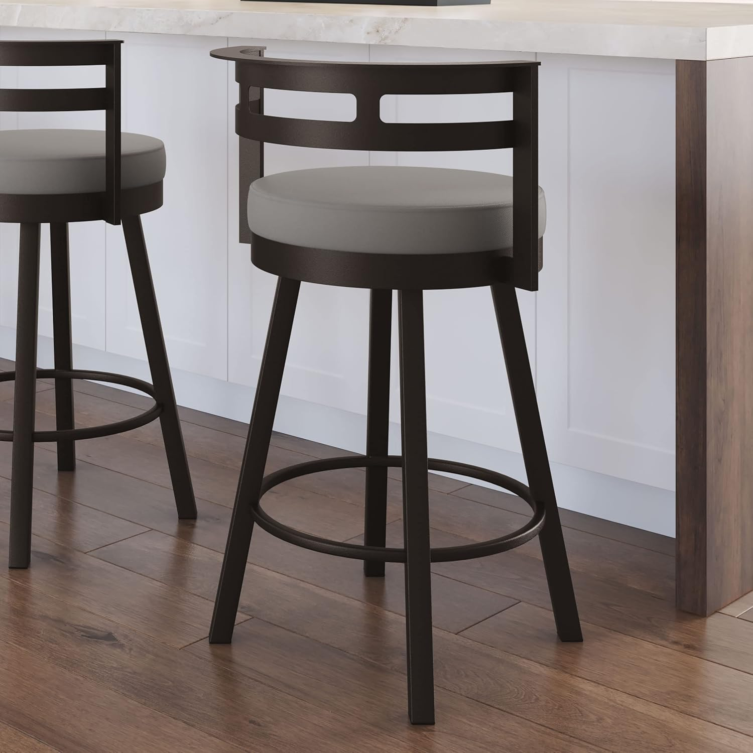 Amisco Render 26" Counter Height Barstool, Swivel Stool with Backrest and Metal Base for Kitchen Island or Bar - Taupe Grey Faux Leather/Dark Brown Metal/Counter Height
