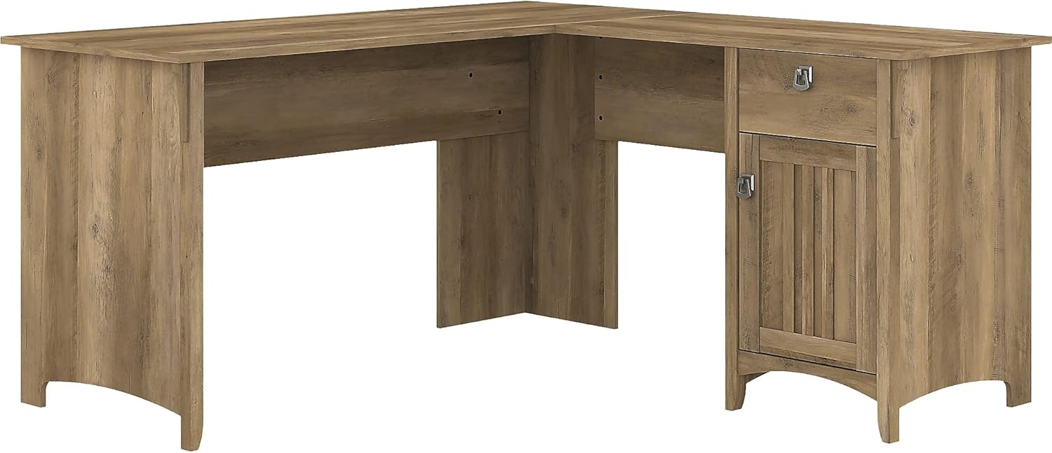 Bush Furniture Salinas 60" L Shaped Desk with Storage, Reclaimed Pine