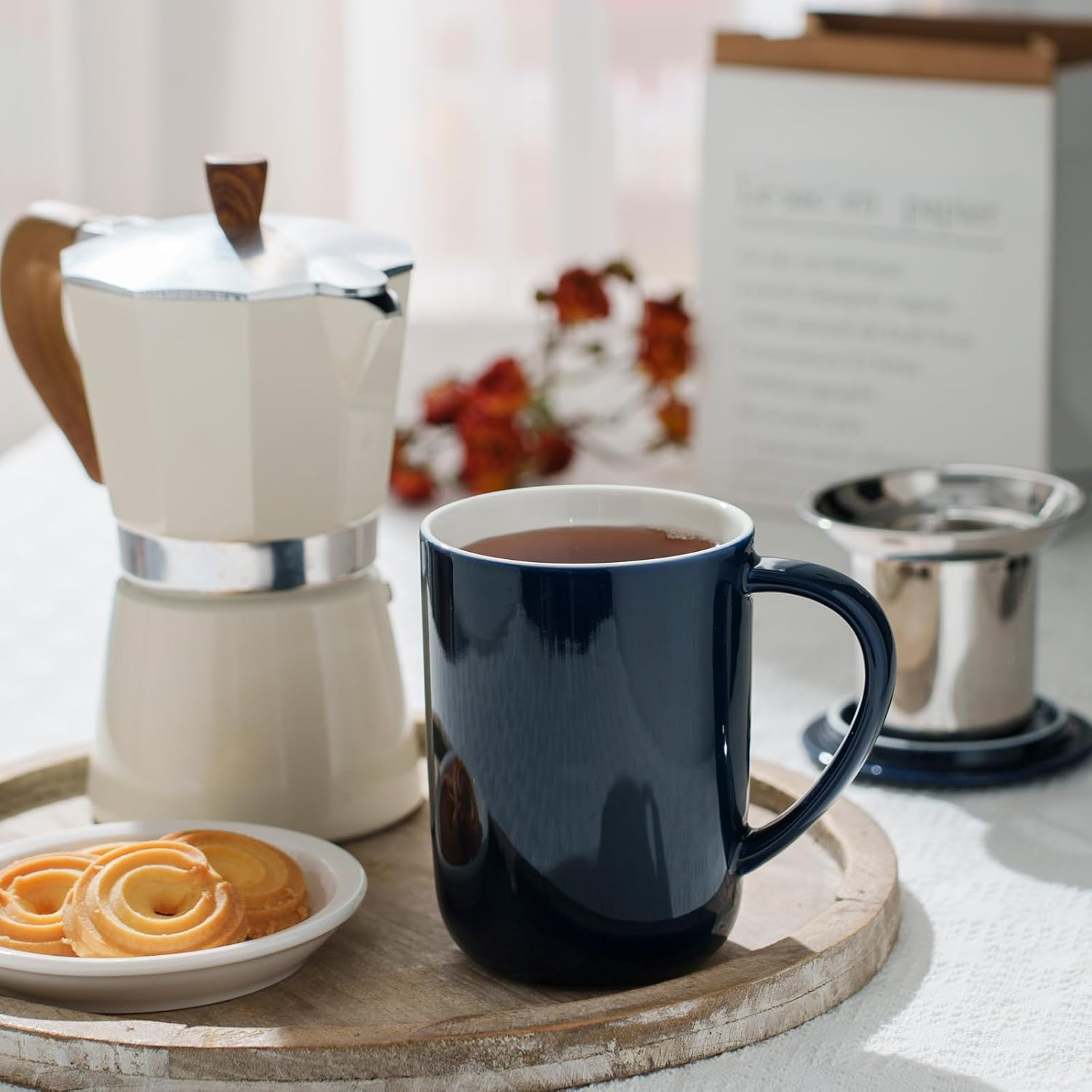 Navy Blue Ceramic Tea Mug with Bamboo Coaster and Lid