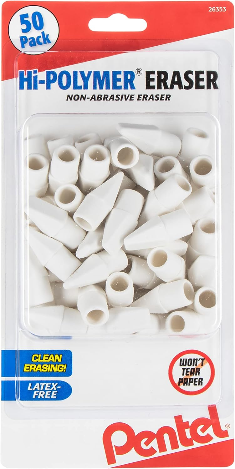 Pentel Hi-Polymer Eraser Caps, Latex Free, White 50-Pk