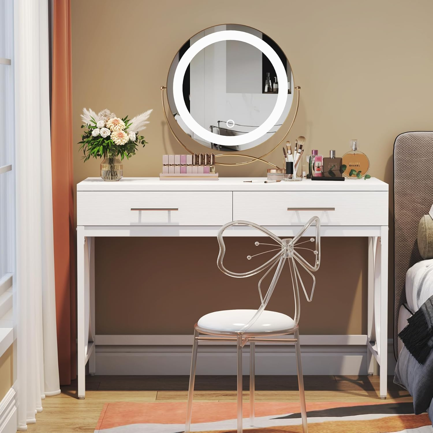 Tribesigns Modern Computer Desk with 2 Drawers, 41 Inches Study Writing Office Desk for Home Office, Bedroom, Makeup Vanity Table Desk with Metal Frame, White