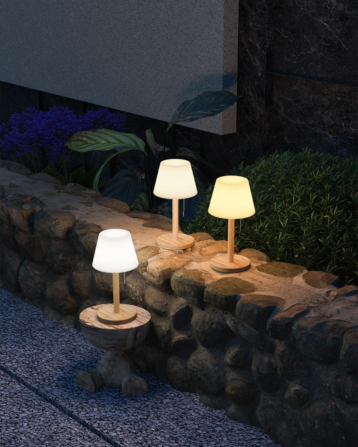 Outdoor Waterproof Table Lamp for Patio, Small Cordless Battery-Operated Lamp, Rechargeable Shower Light, 3 Lighting Modes Desk Light with Pull Chain Garden Outside Camping Restaurant, Wood Grain