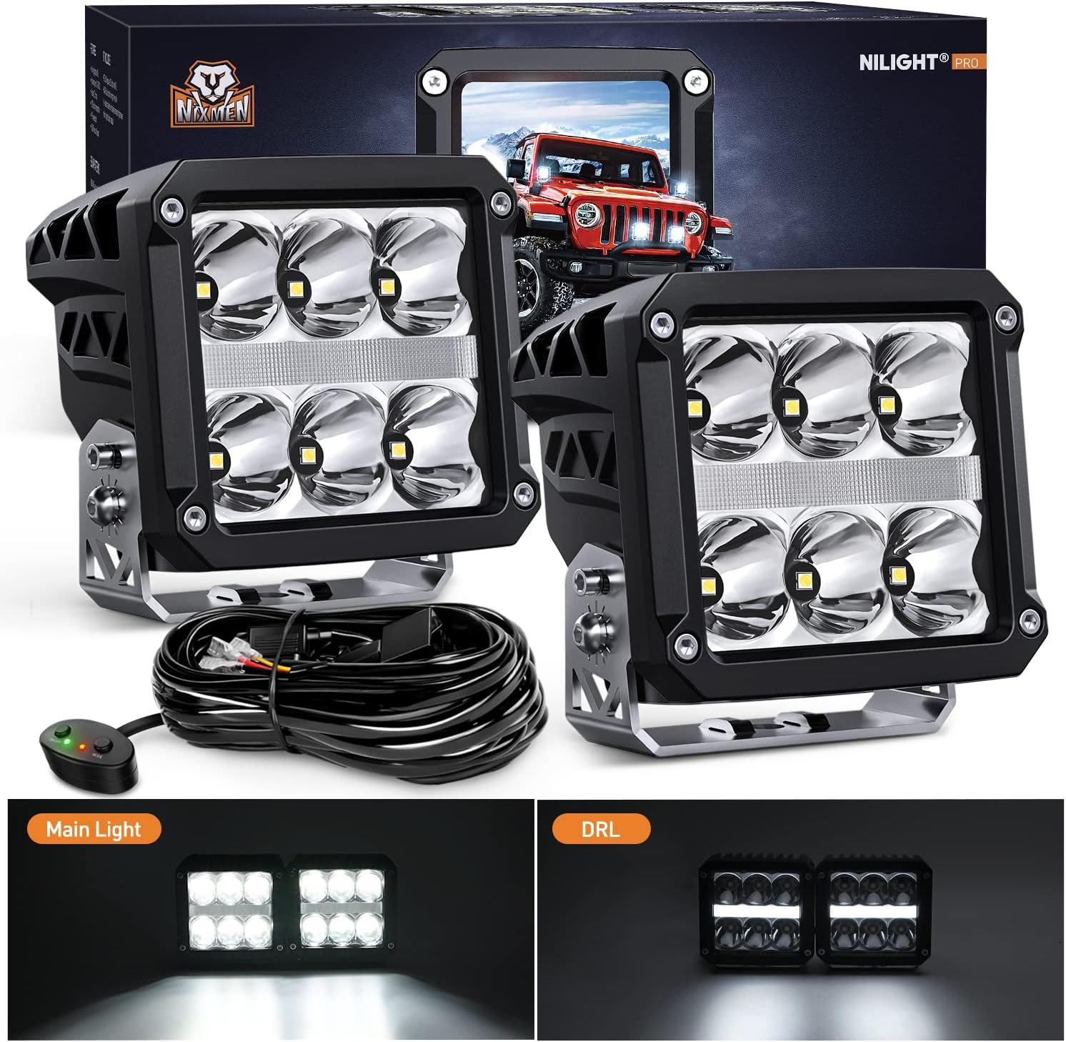 Nilight 4 Pulgadas Cuadrada Pod con DRL 6487LM 10 ° Súper Punto 16AWG Kit de Arnés de Cableado para Trabajos Auxiliares de Conducción Todoterreno 4x4 Jeep Llevó la Luz Antiniebla Automotriz Se Adapta a Camión, UTV, ATV, SUV, 60W