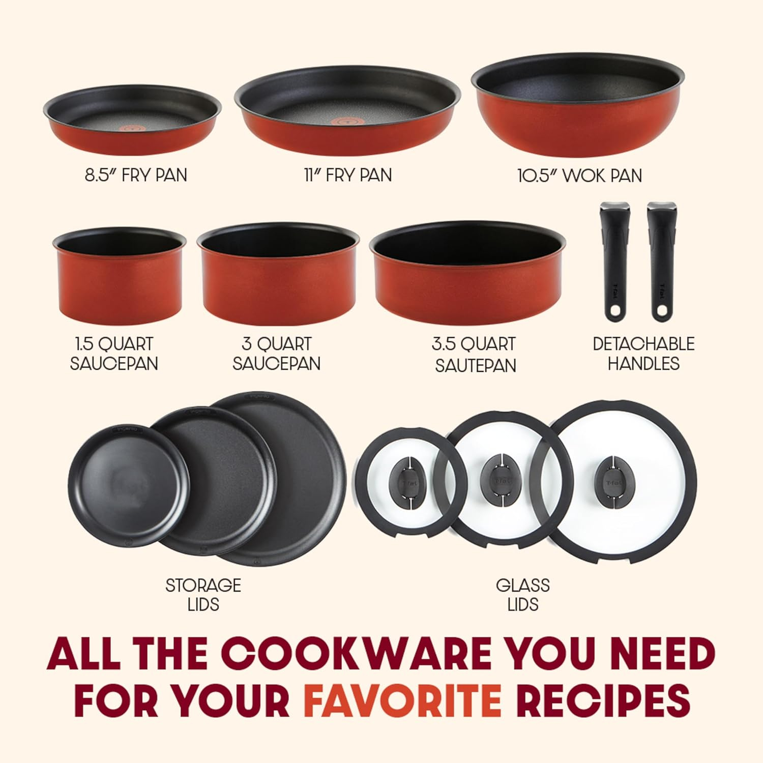 T-fal Ingenio Expertise 14 Piece Nonstick Cookware Set, Induction Oven Safe 500F, Pots and Pans, RV, Detachable Handle, Cherry Red