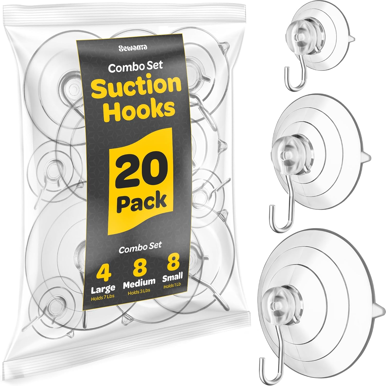 SEWANTA All-Purpose Suction Cup Hooks [20PK Combo Set] Powerful Window Suction Cups with Hooks Use to Hang On Glass, Windows, Doors, Mirrors, Tiles. Set Includes: 4 Large, 8 Medium, 8 Small
