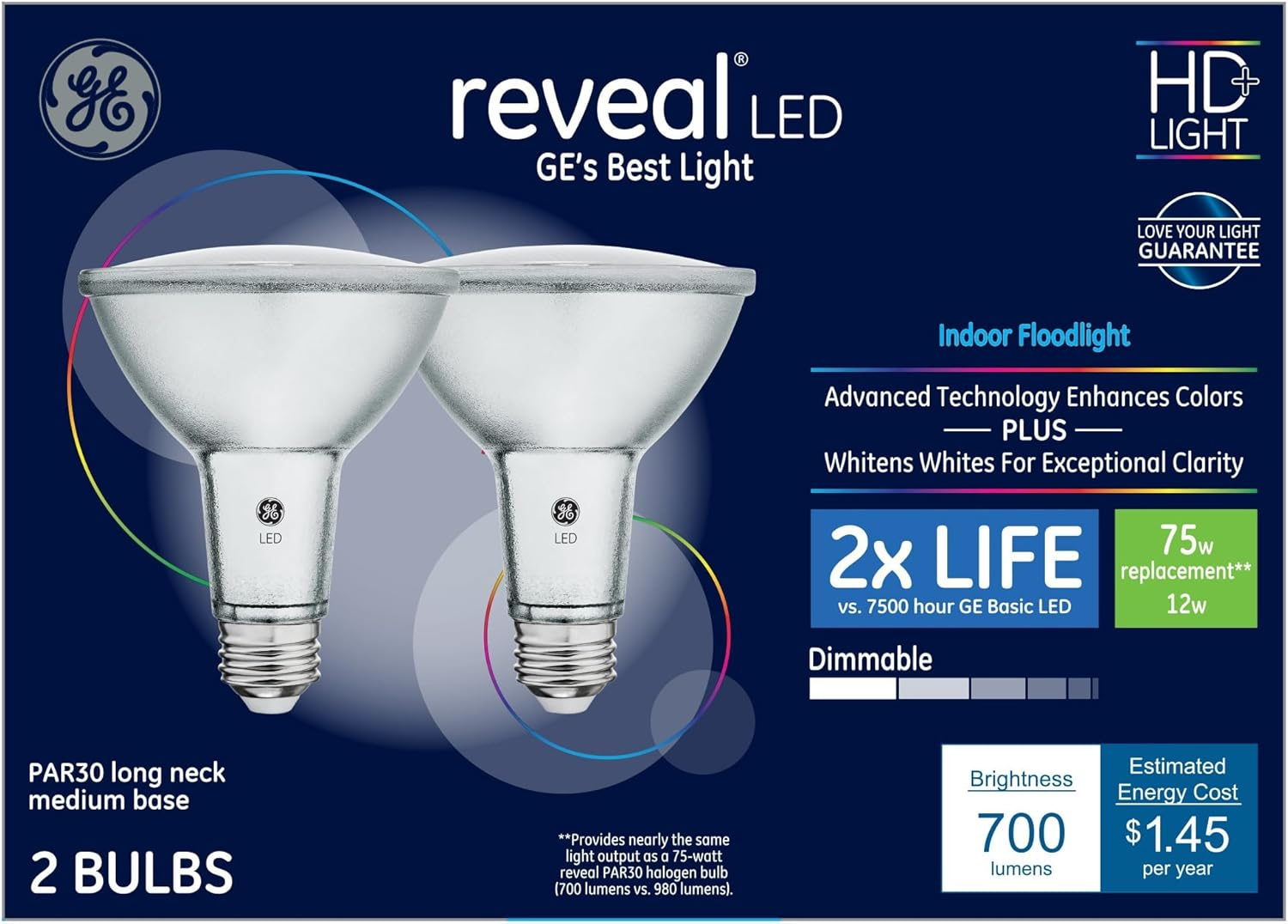 GE Reveal 2-Pack 75 W Equivalent Dimmable Flood Color-Enhancing Par30 Longneck LED Light Fixture Light Bulbs
