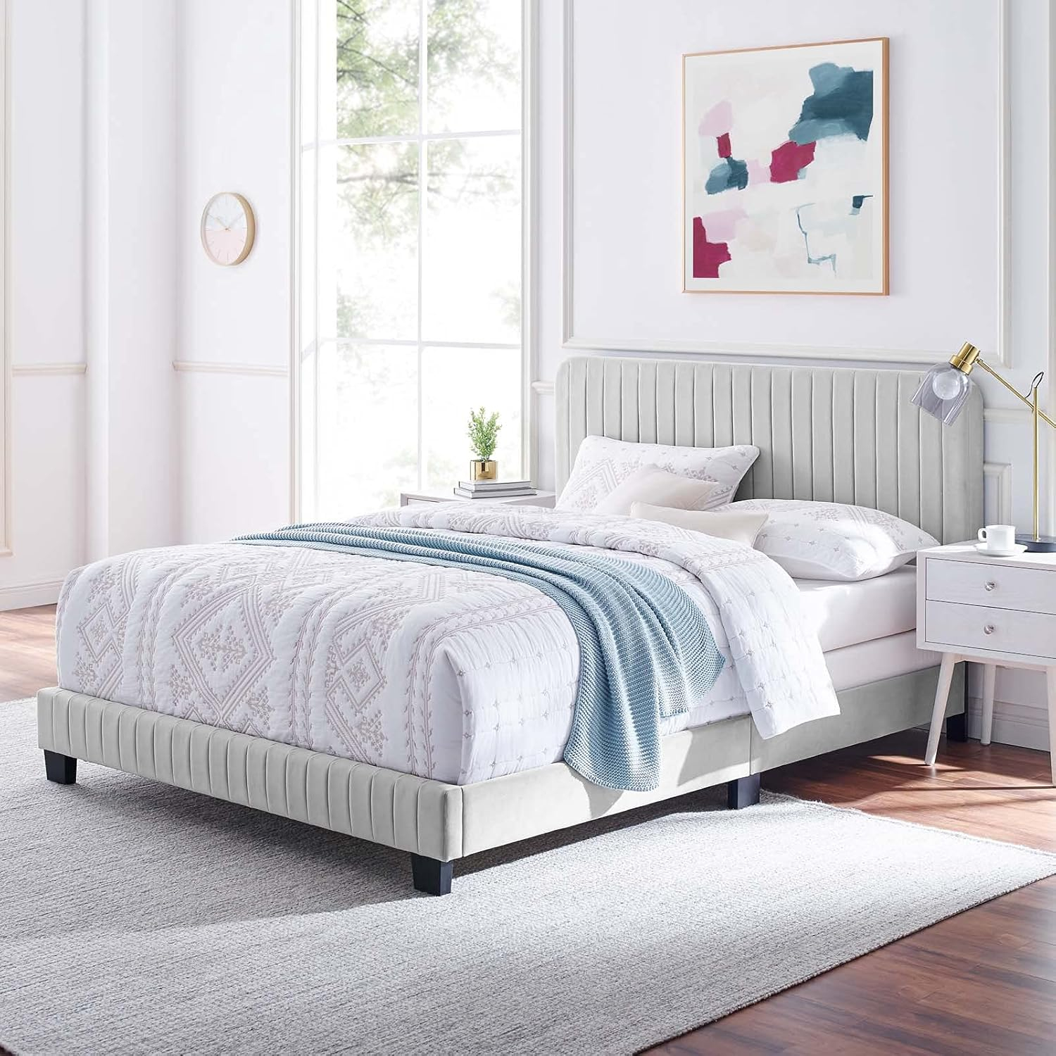 Modway Celine Channel Tufted Performance Velvet King Bed in Light Gray