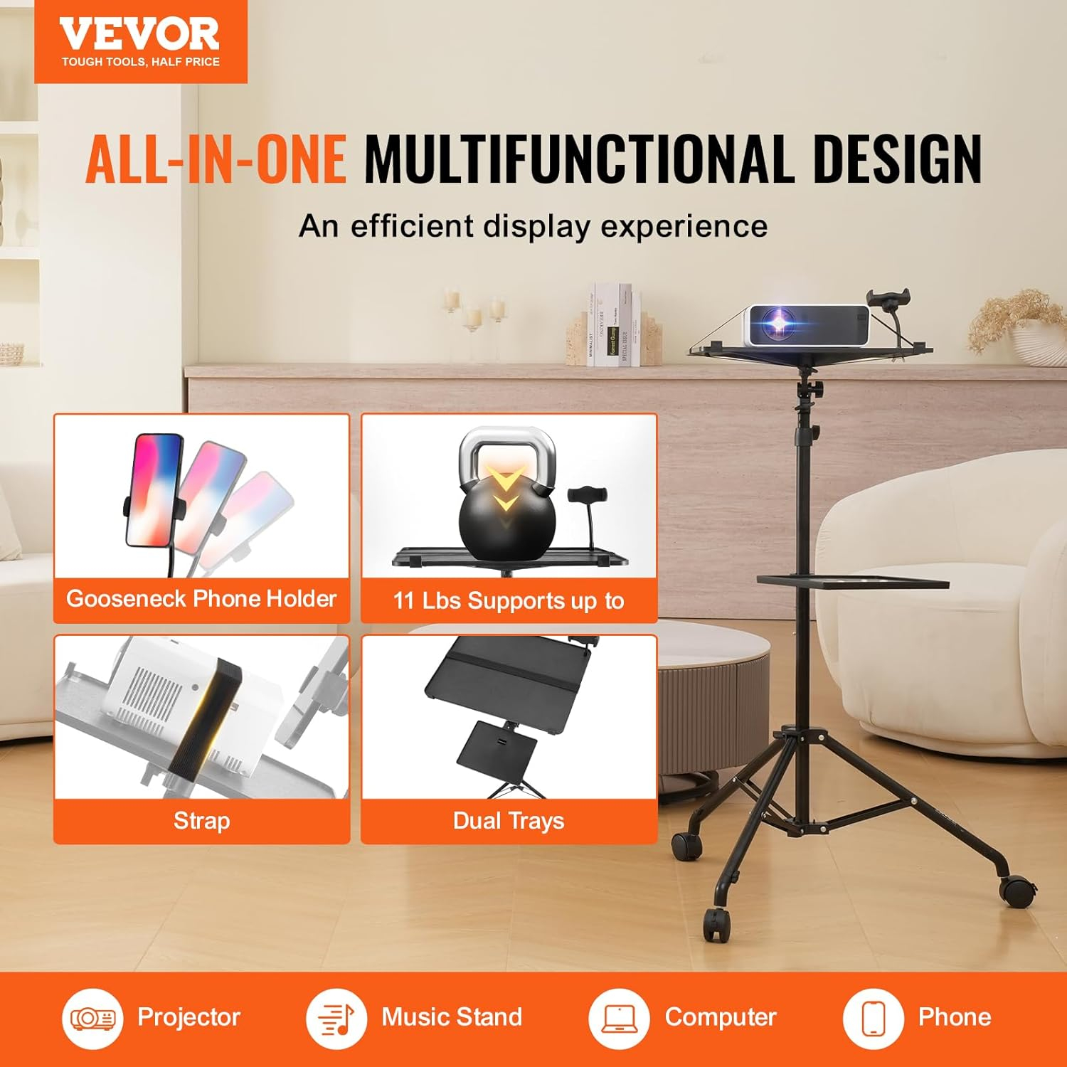 VEVOR Projector Stand with Wheels, Laptop Stand Tripod Adjustable Height from 31.3 to 67.3", Projector Tripod Stand with 2 Trays & Gooseneck Phone Holder, for Outdoor Movies, Home, Office or Studio
