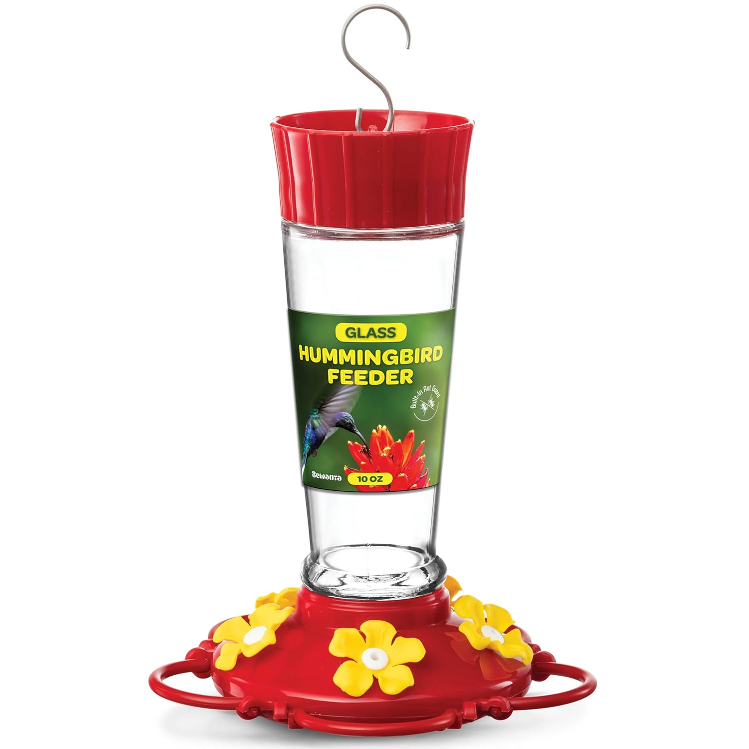 Hummingbird Feeder 10 oz Plastic Hummingbird Feeders for Outdoors, with Built-in Ant Guard - Circular Perch with 5 Feeding Ports - Wide Mouth for Easy Filling/2 Part Base for Easy Cleaning