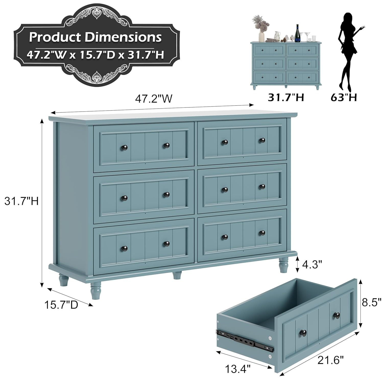 Scurrty 6 Drawer Dresser, Antique Chest of Drawers, Large Cabinet with Storage, Big Dresser for Clothes in Living Room, Bedroom (Blue)