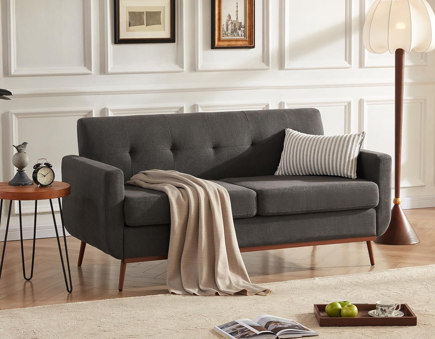 65" Loveseat Sofa, Mid Century Modern Love Seat Couches for Living Room, Comfy Button Tufted Upholstered Sofa Couch for Bedroom, Solid & Easy to Install Small Couch for Small Spaces, Dark Grey