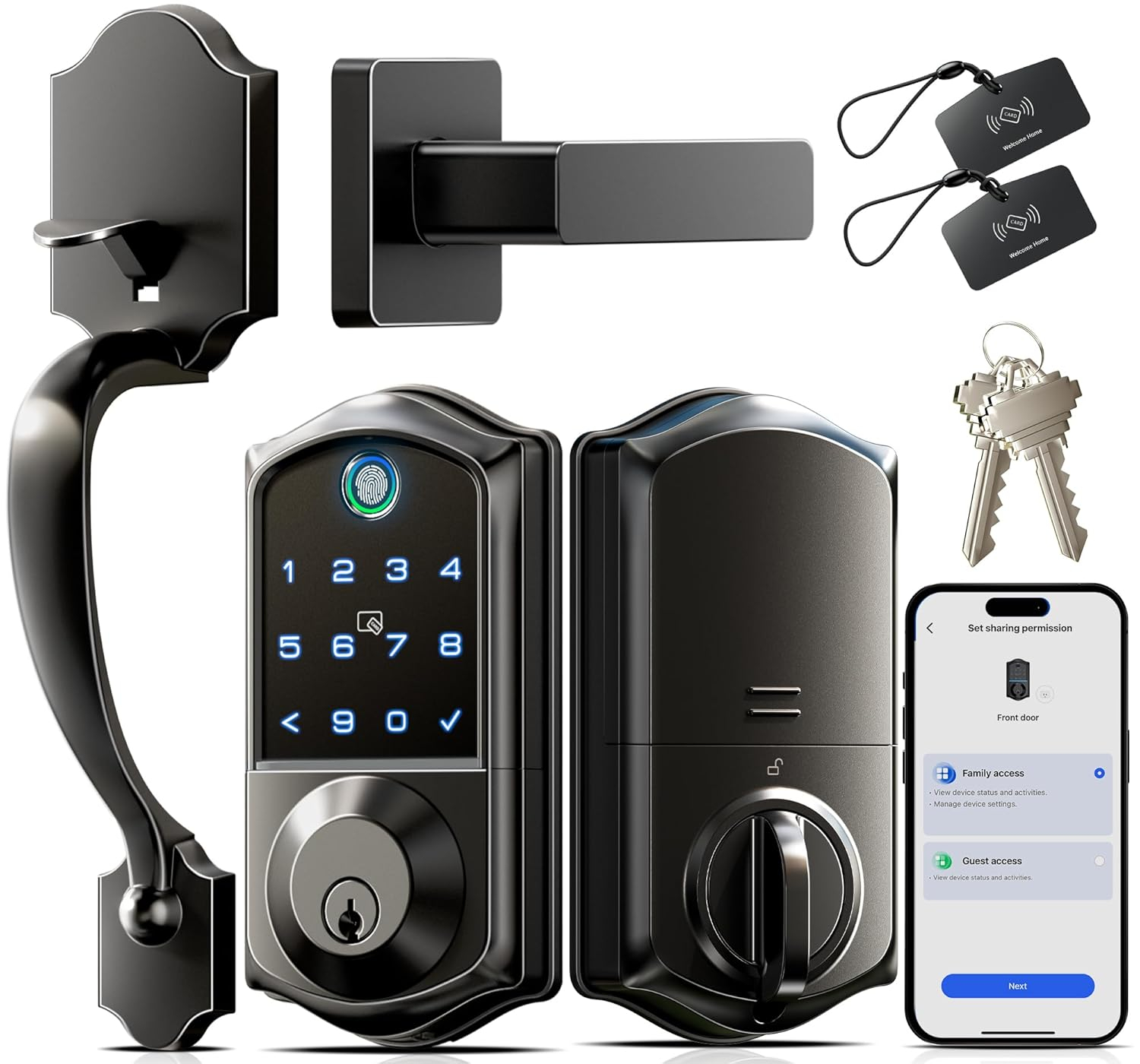 Veise VE017-H Fingerprint Smart Front Door Lock Set, App Control, Keyless Entry Deadbolt with Handle, Smart Deadbolt, Emergency Power Port, Touchscreen Keypad, Auto Lock, Easy Install, Matte Black