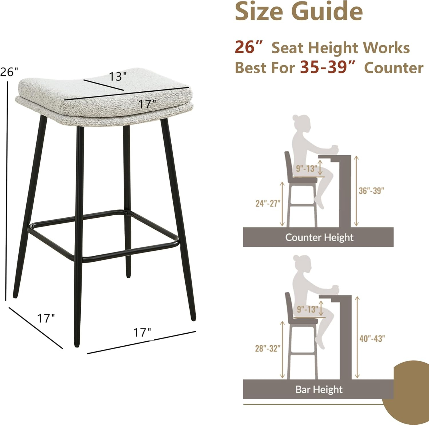 26 inch Counter Height Bar Stools Set of 2, Backless Saddle Bar Stools for Kitchen Counter, White Boucle Seat, Modern Kitchen Stools with Double Layered Cushion and Metal Legs