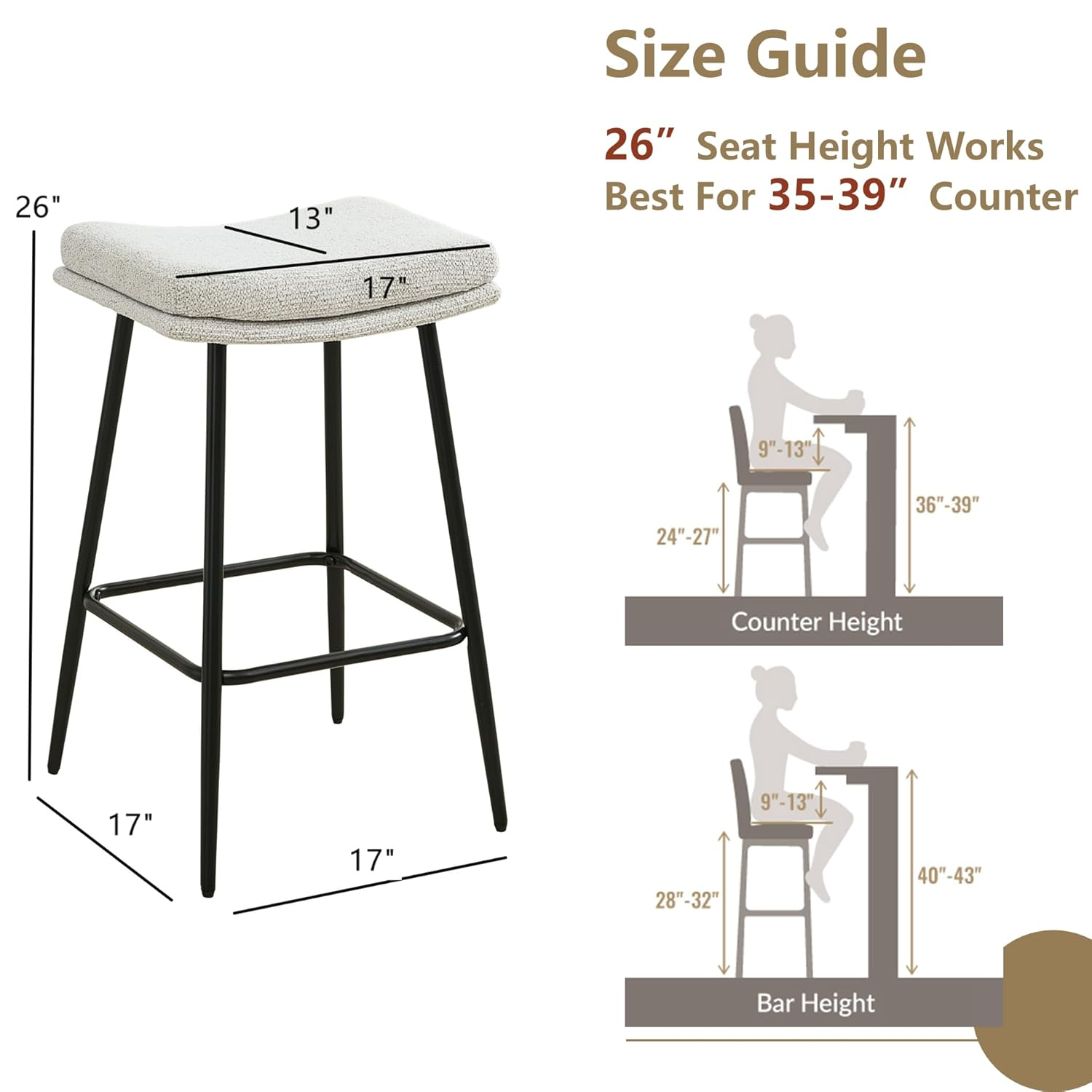 26 inch Counter Height Bar Stools Set of 2, Backless Saddle Bar Stools for Kitchen Counter, White Boucle Seat, Modern Kitchen Stools with Double Layered Cushion and Metal Legs