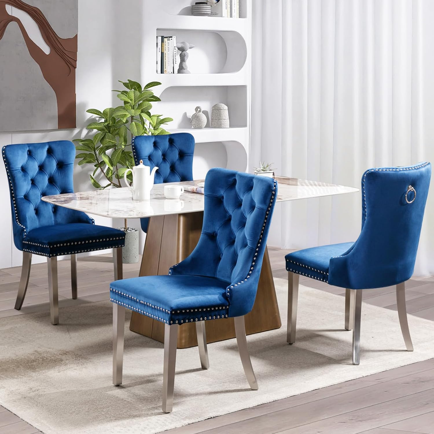 SoarFlash Velvet Dining Chair Set of 4, Upholstered Tufted Dining Room Chair with Nailhead Trim and Solid Silver Plated Leg for Kitchen (Blue)