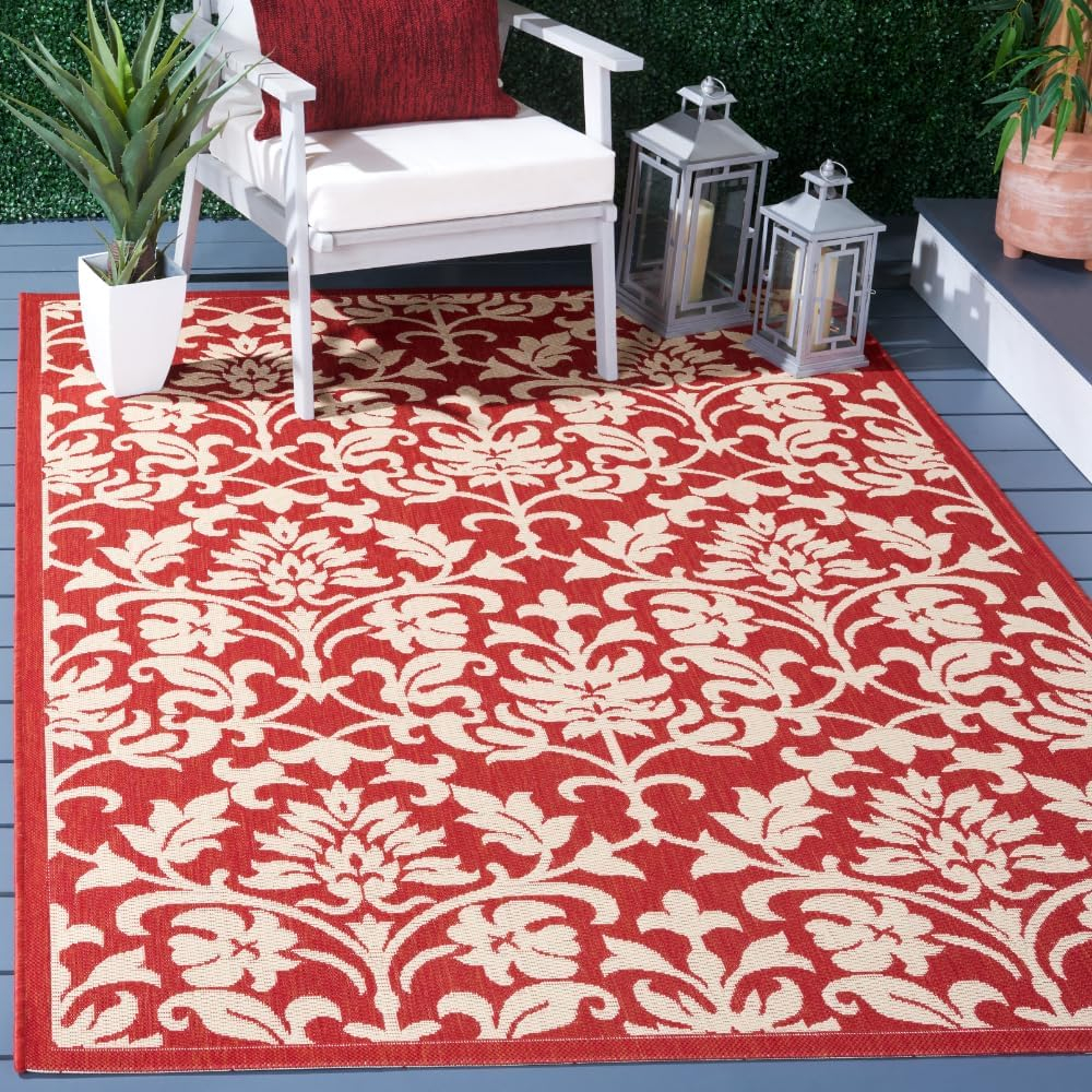 SAFAVIEH Courtyard Yvette Floral Indoor/Outdoor Area Rug, 4' x 5'7", Red/Natural