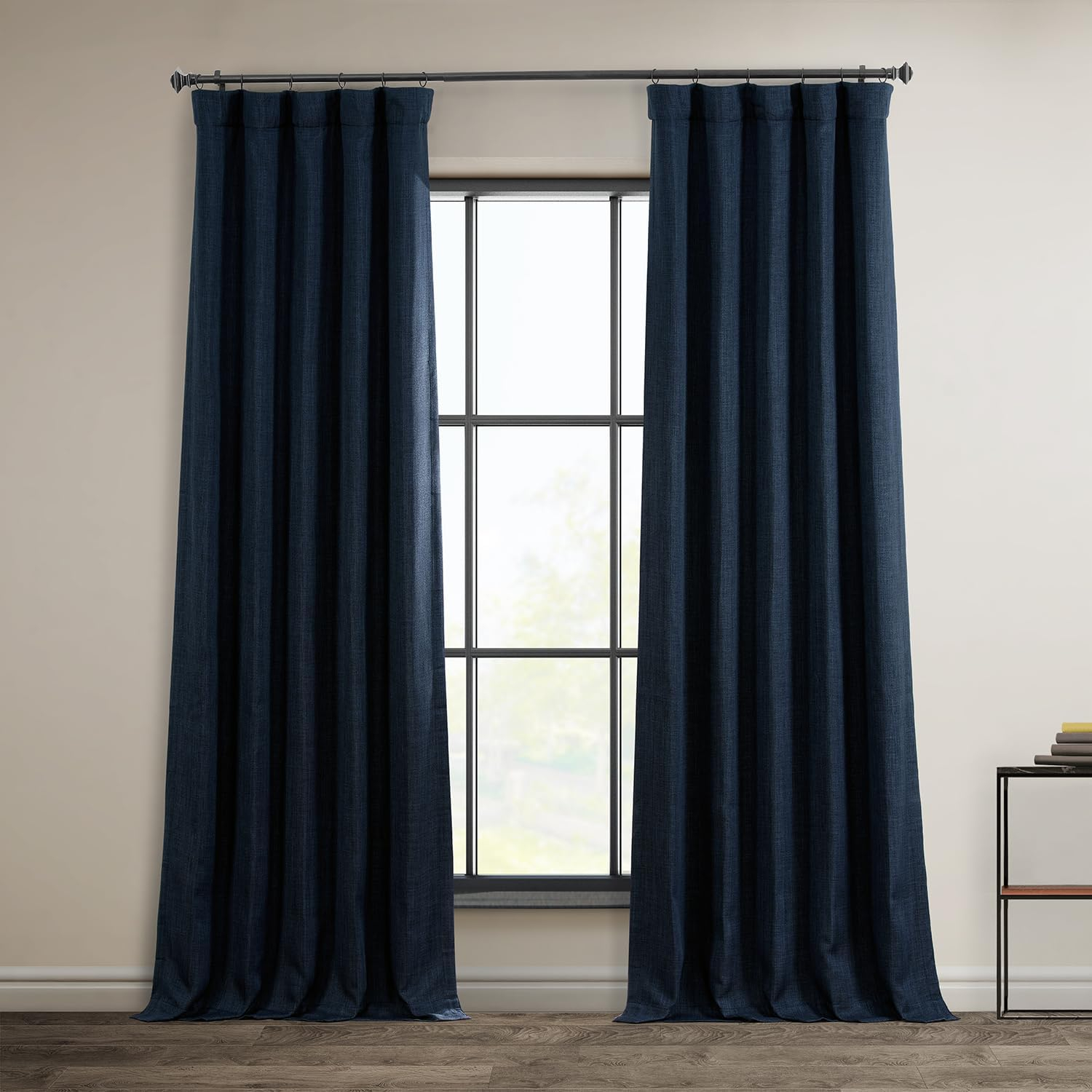 Nightfall Navy Blue Faux Linen Room Darkening Curtain - 50 in. W x 96 in. L (1 Panel)