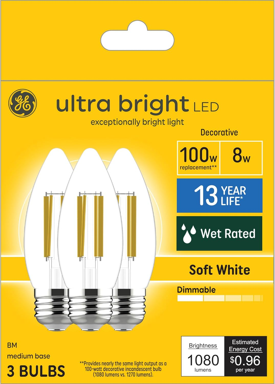 GE Ultra Bright LED Light Bulbs, 100W, Soft White Candle Lights, Clear Decorative B12 Light Bulbs (3 Pack)