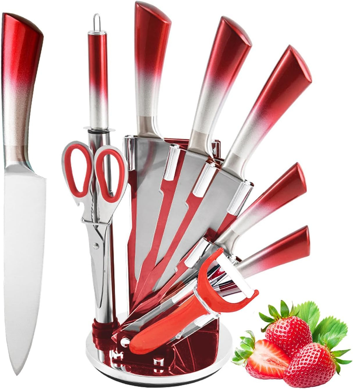 Kitchen Knife Set, 9-Pieces Red Coated Knife Block Set, Stainless Steel Chef knife Set with Sharpener Peeler Scissors, Sharp Non-Stick Knives Set with Rotatable Holder for Cutting Slicing Dicing