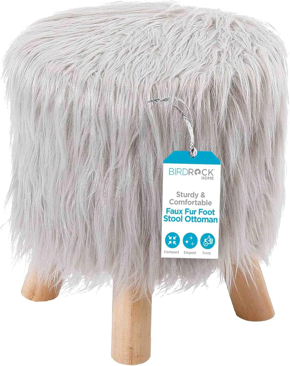 BirdRock Home Faux Fur Foot Stool Ottoman with Wood Legs - Silver