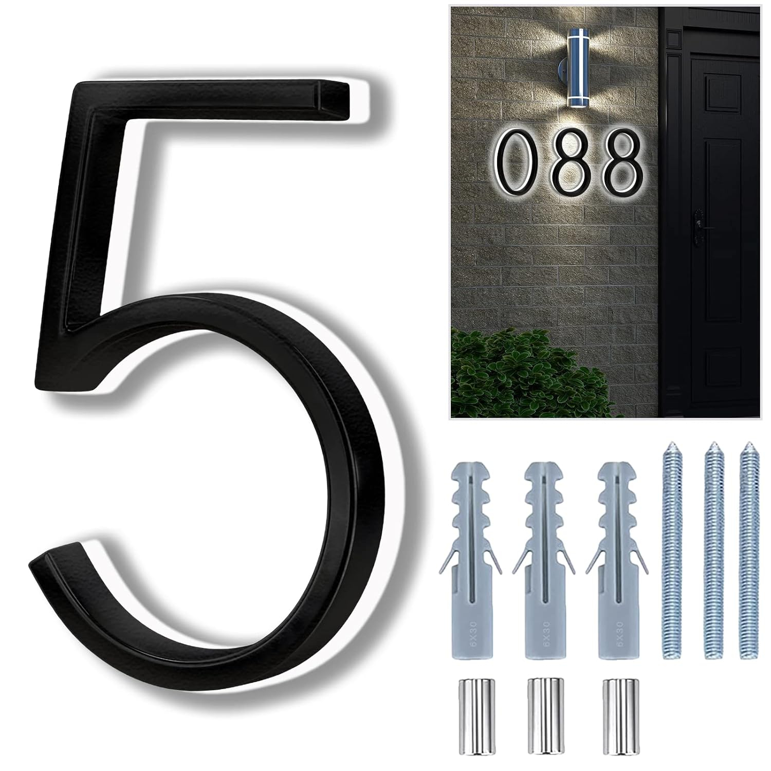 8 Inch Black Stainless Steel LED Backlit Floating House Number