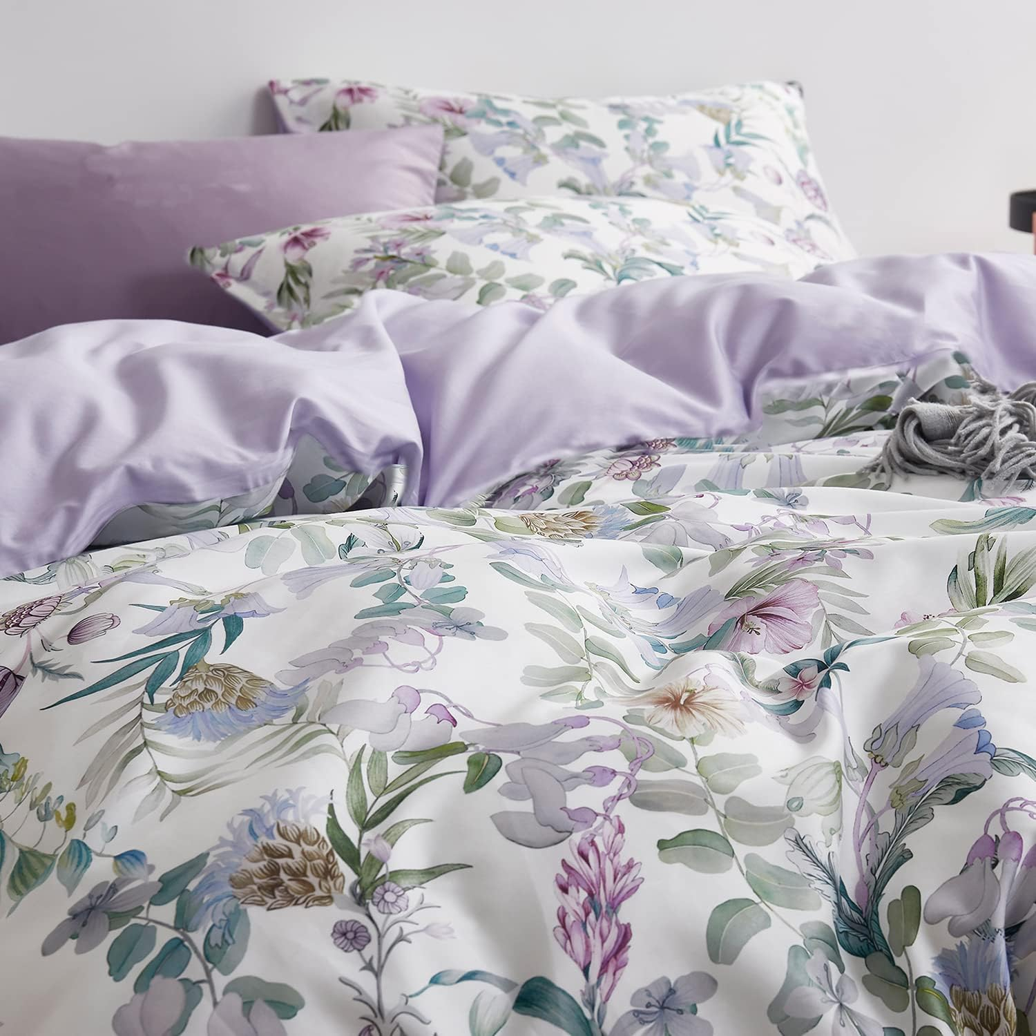 Floral Duvet Cover Set Garden Style King 3 Pieces Bedding Set, Ultra Soft Green Leaves Botanical Flowers Pattern Lavender Reversible Farmhouse 1 Comforter Cover + 2 Pillowshams(No Comforter)