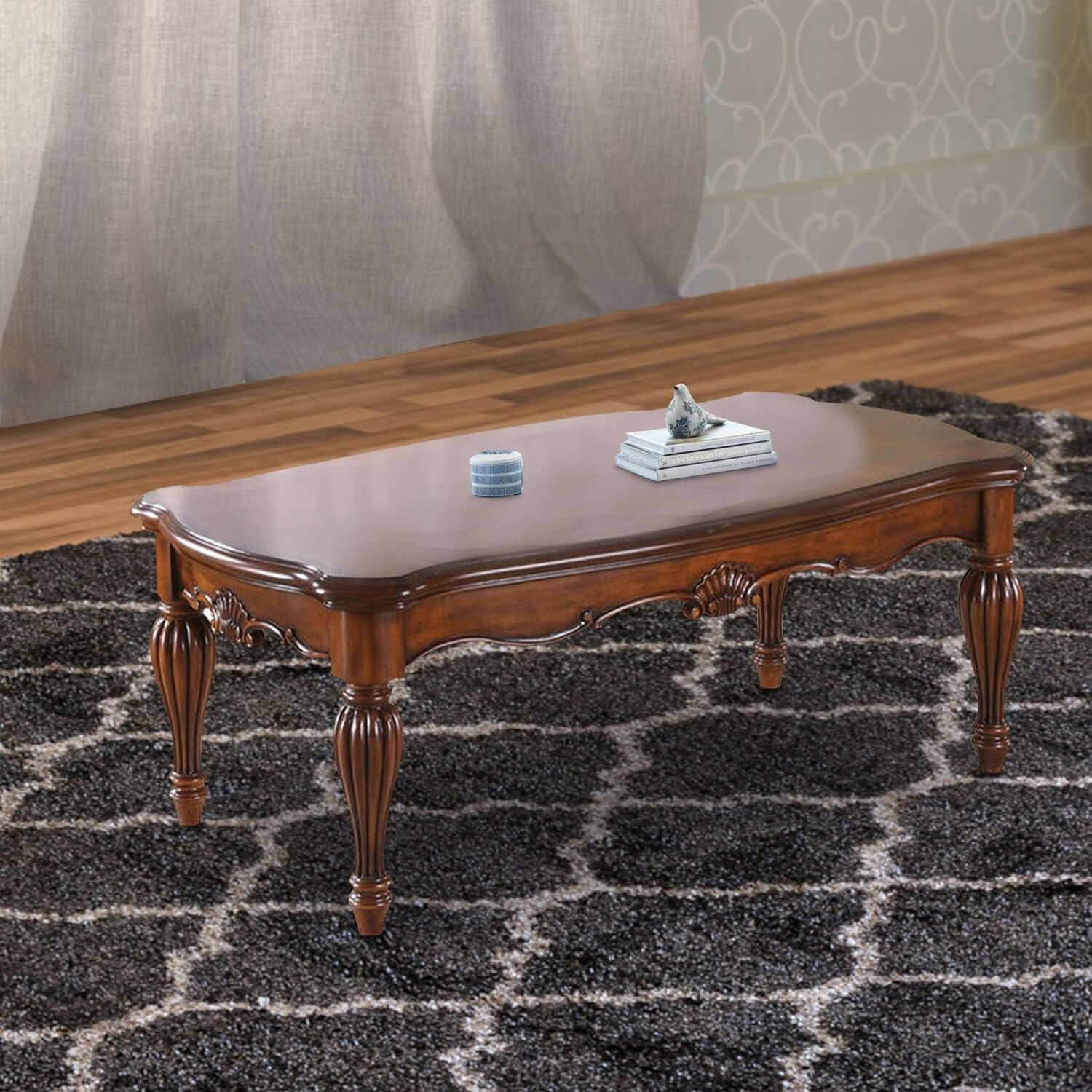 Vintage Rectangular Wooden Coffee Table with Fluted Legs Cherry Brown