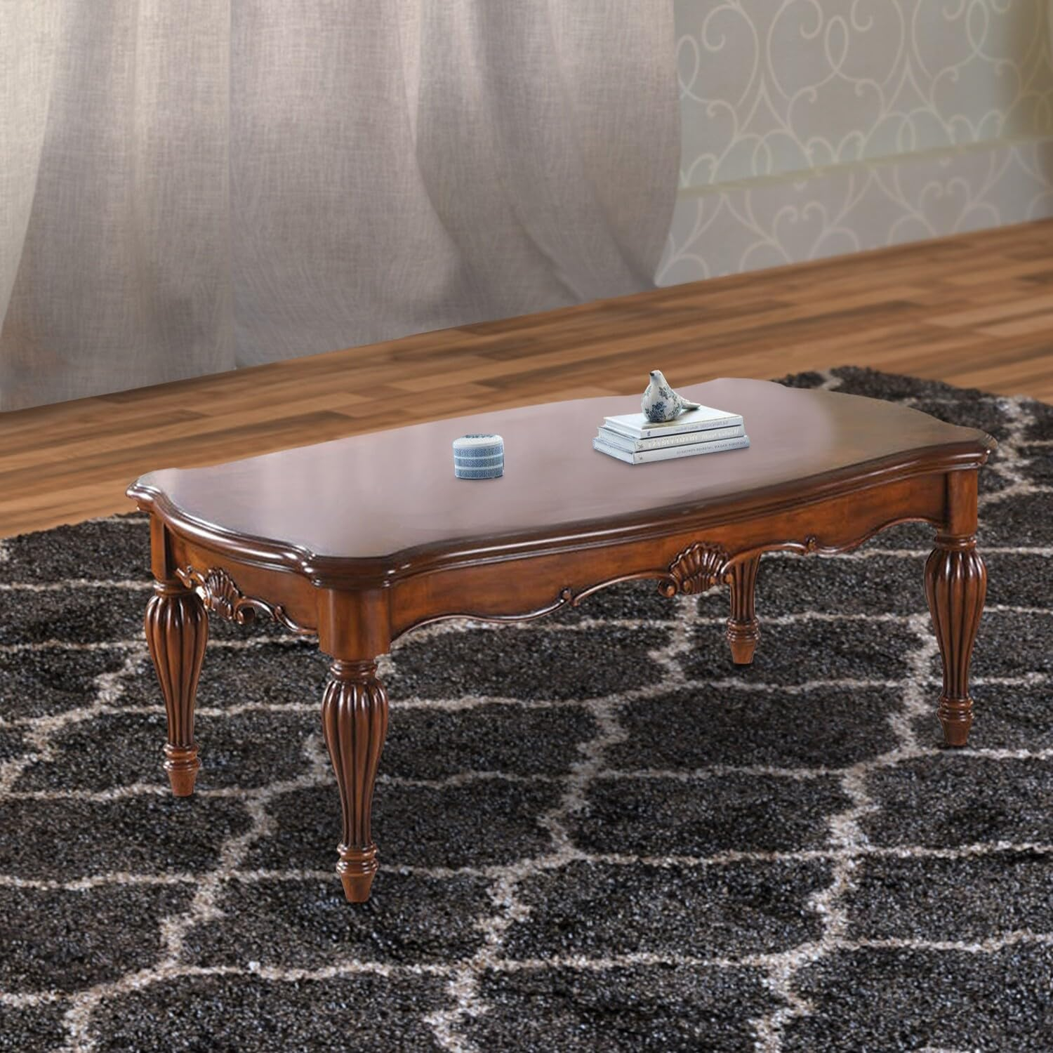 Vintage Rectangular Wooden Coffee Table with Fluted Legs Cherry Brown