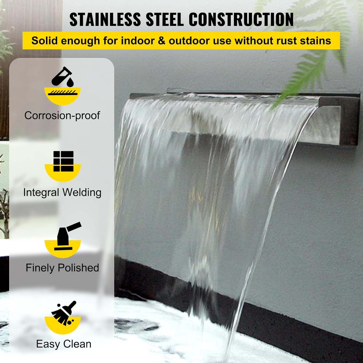 VEVOR Pool Fountain Stainless Steel Pool Waterfall Spillway with Pipe Connector Rectangular Garden Outdoor (59.1")