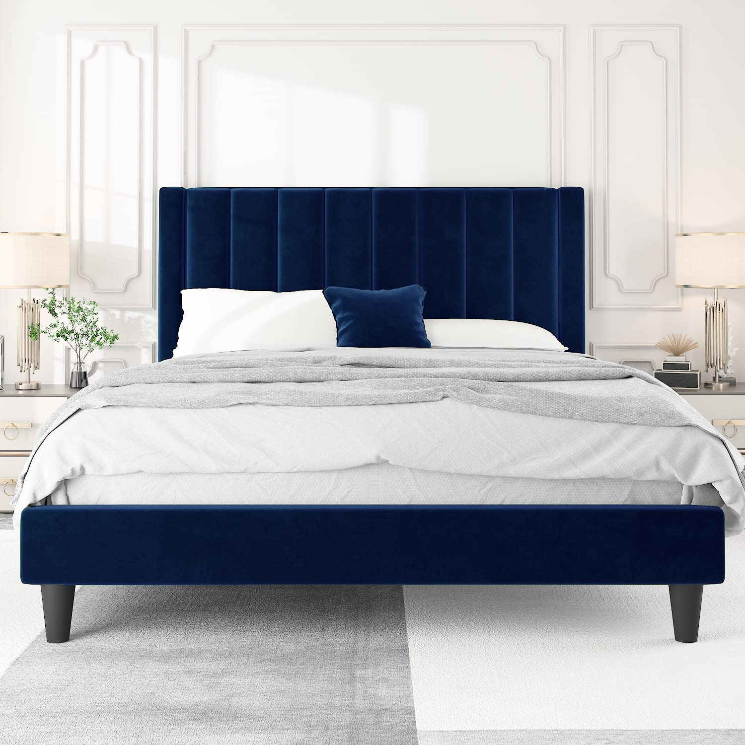 BizChair Queen Upholstered Platform Bed with Vertical Stitched Wingback Headboard, Slatted Mattress Foundation, No Box Spring Needed, Navy Velvet