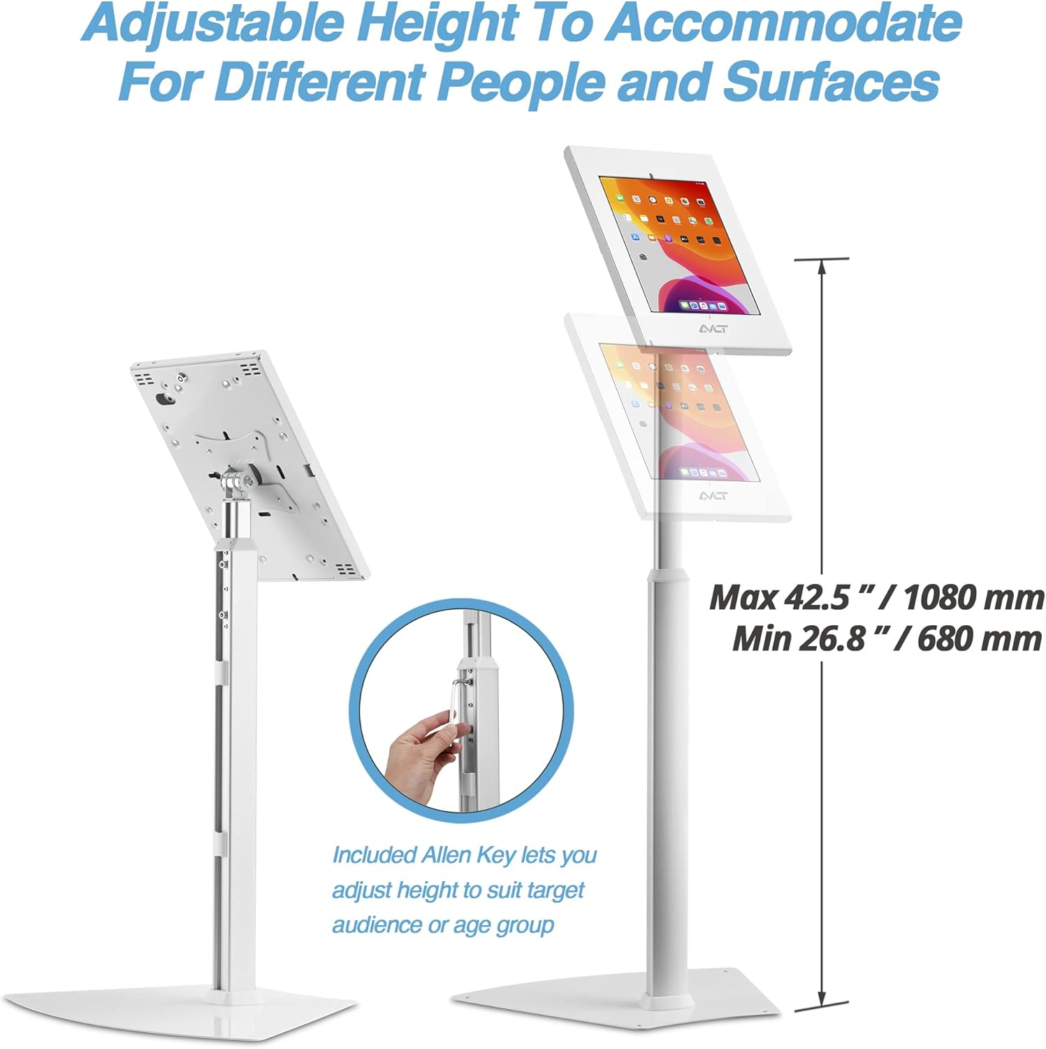 AVLT Height Adjustable Anti-Theft 10.5” Tablet Kiosk Floor Display Stand Compatible with iPad 9.7", 10.2", Pro 10.5", Air 10.5" (Gen 3), Samsung Galaxy Tab A 10.1" (2019) - White