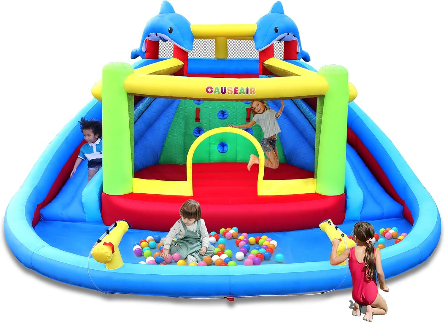 Inflatable Water Slide with Bounce House,Dolphin Styling,Splashing Pool,Double Water Cannon,Climbing Wall,Heavy Duty GFCI Blower,Inflatable Water Park Slide for Kids Backyard Summer