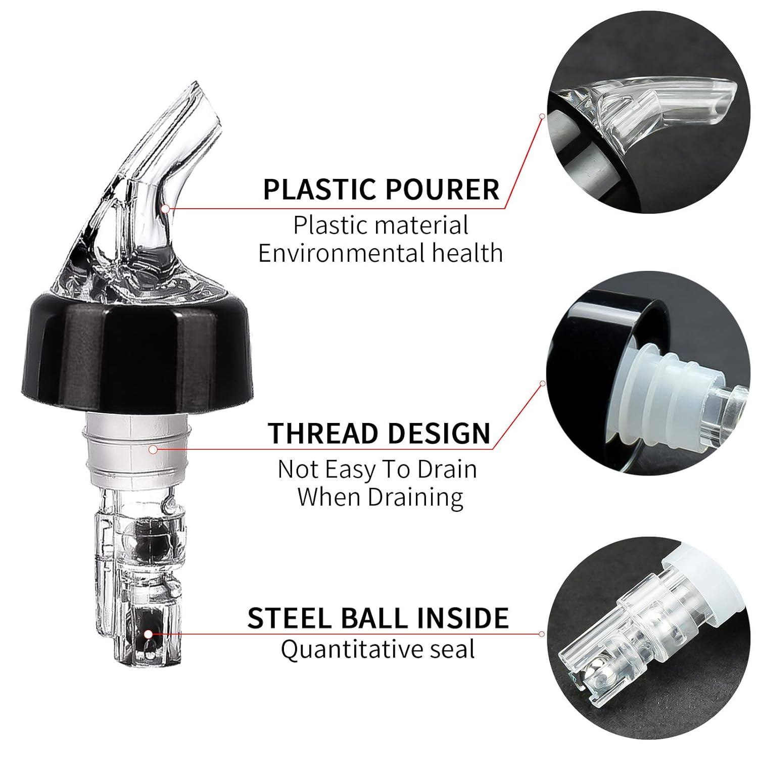 Black and Clear Plastic 30ml Automatic Measured Bottle Pourers Pack of 12